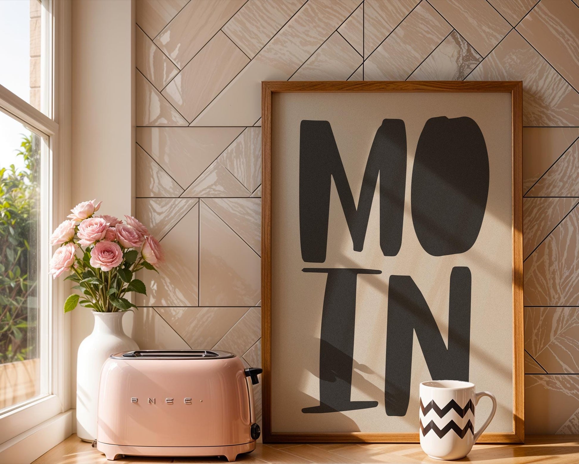 Poster &quot;MOIN&quot; – Bold typography on a beige-grey background - minimalist print with the vibe of Hamburg, finished with a fine grain texture.Poster &quot;MOIN&quot; – Bold typography on a beige-grey background - minimalist print with the vibe of Hamburg, finished with a fine grain texture.