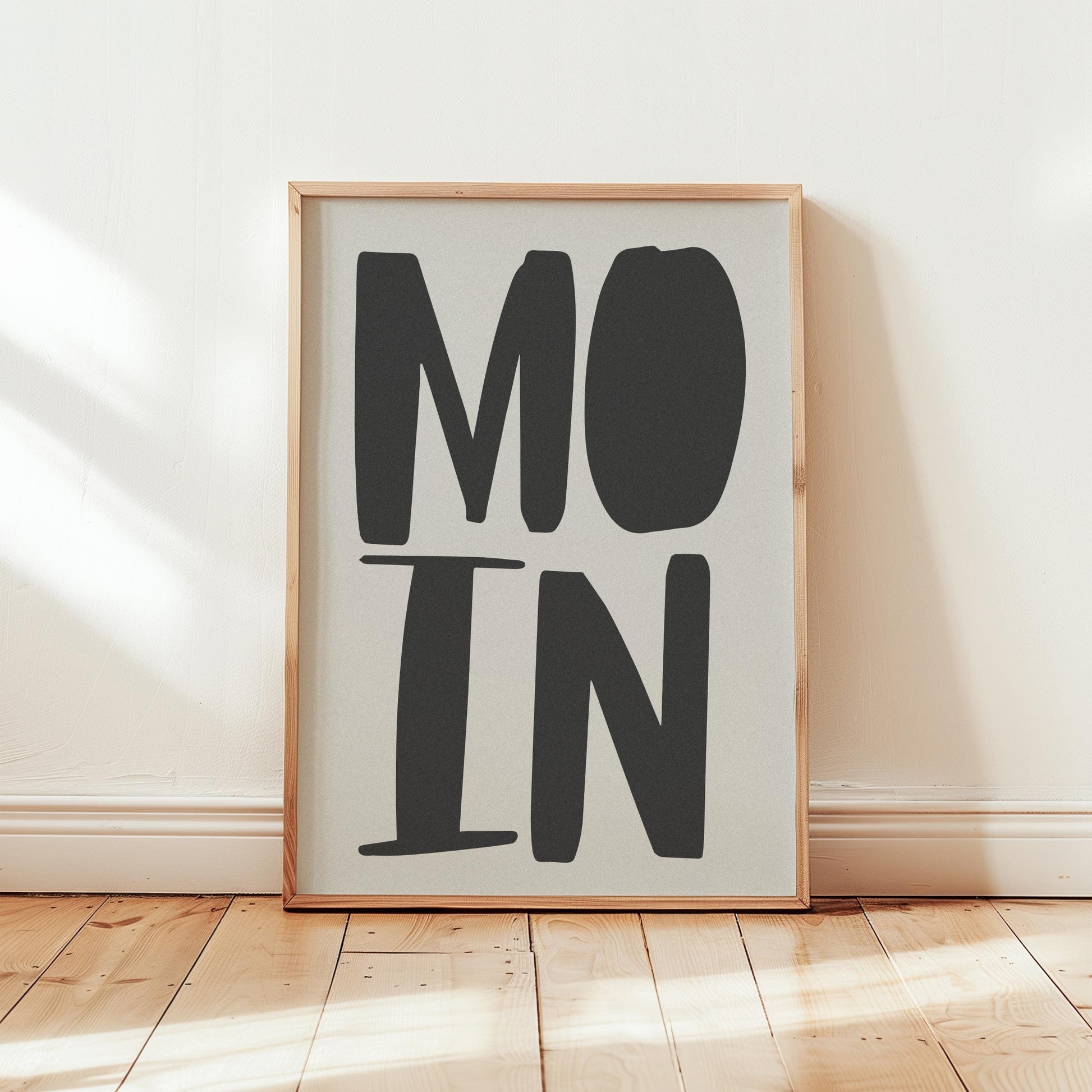 Poster &quot;MOIN&quot; – Bold typography on a beige-grey background - minimalist print with the vibe of Hamburg, finished with a fine grain texture.