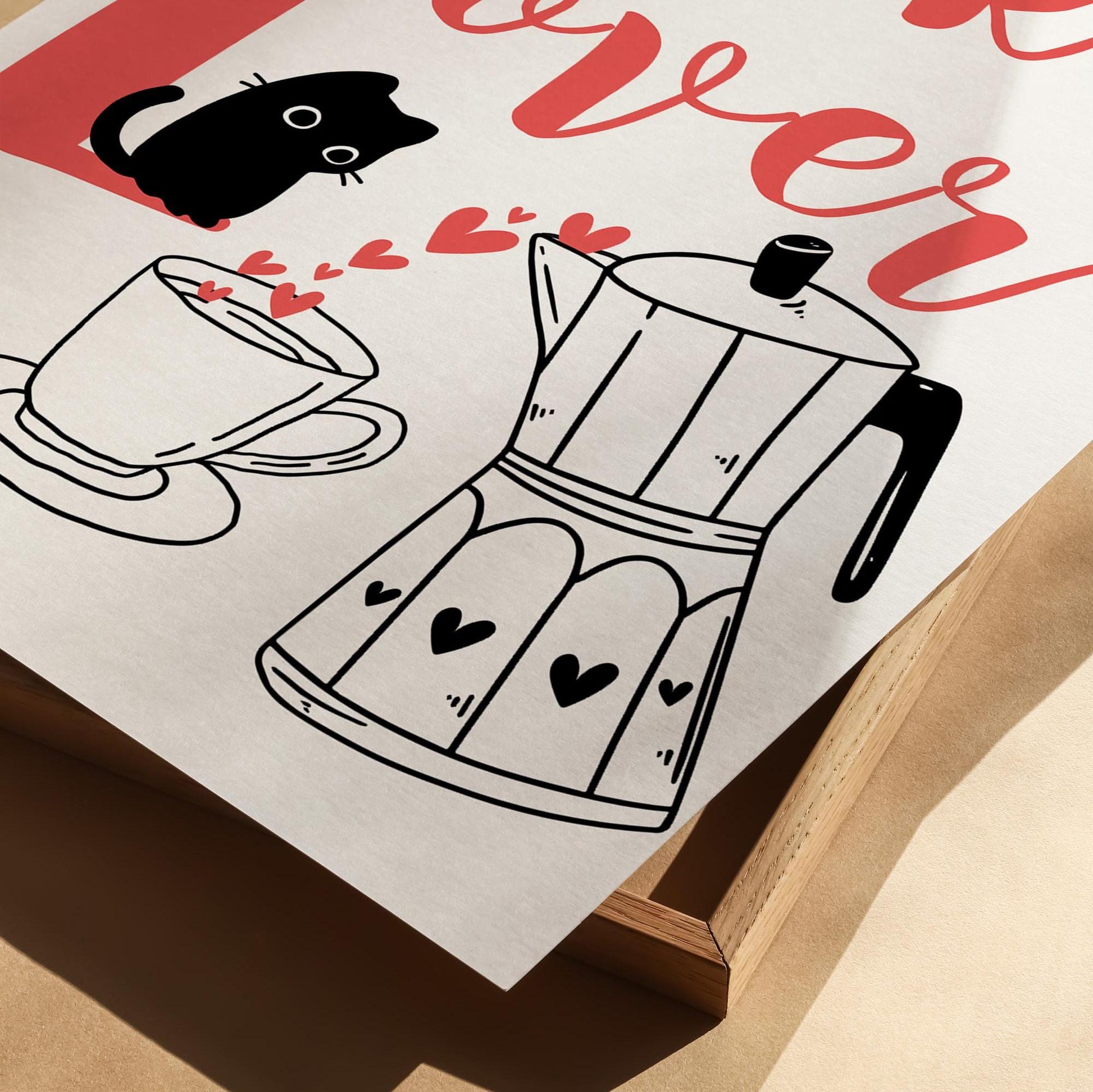 Moka Poster I – &quot;Moka Lover with Cat&quot; with Elegant Line Art of Moka Pot – A Perfect Addition for Coffee Lovers and Kitchen Decor