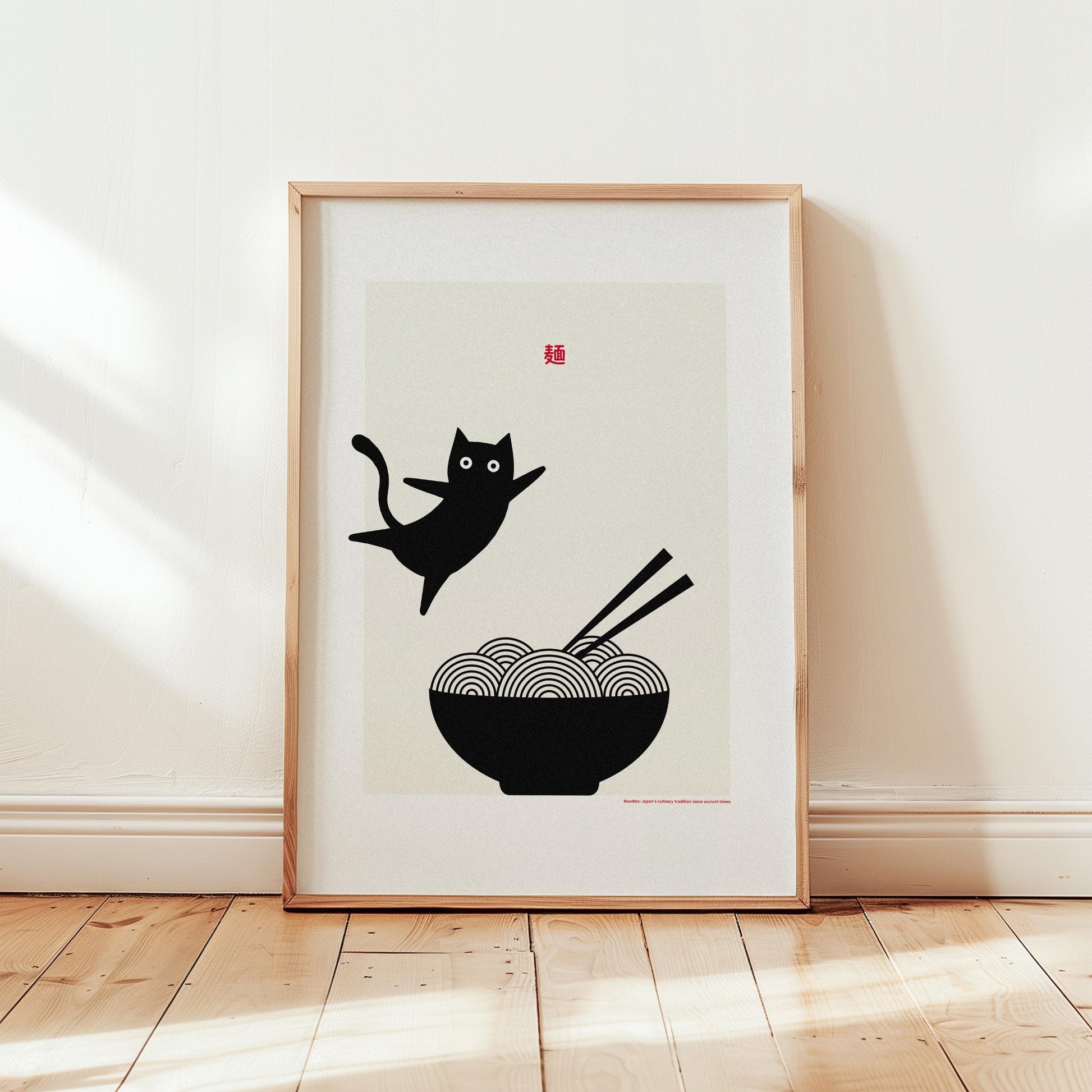 Japan Poster &quot;Noodles and Cat I&quot; | Japanese Wall Art | Japandi Noodles | Japanese Poster | Food Art | Retro Poster With Grain Finish