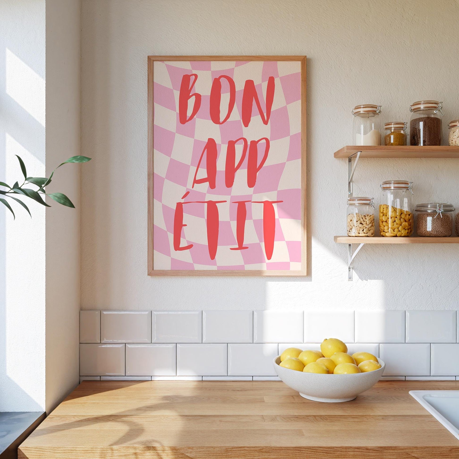 Bon Appétit Poster | Stylish Pink & White Checkered Typography Print to Add a Warm Touch to Your Living Room | digitaler Download