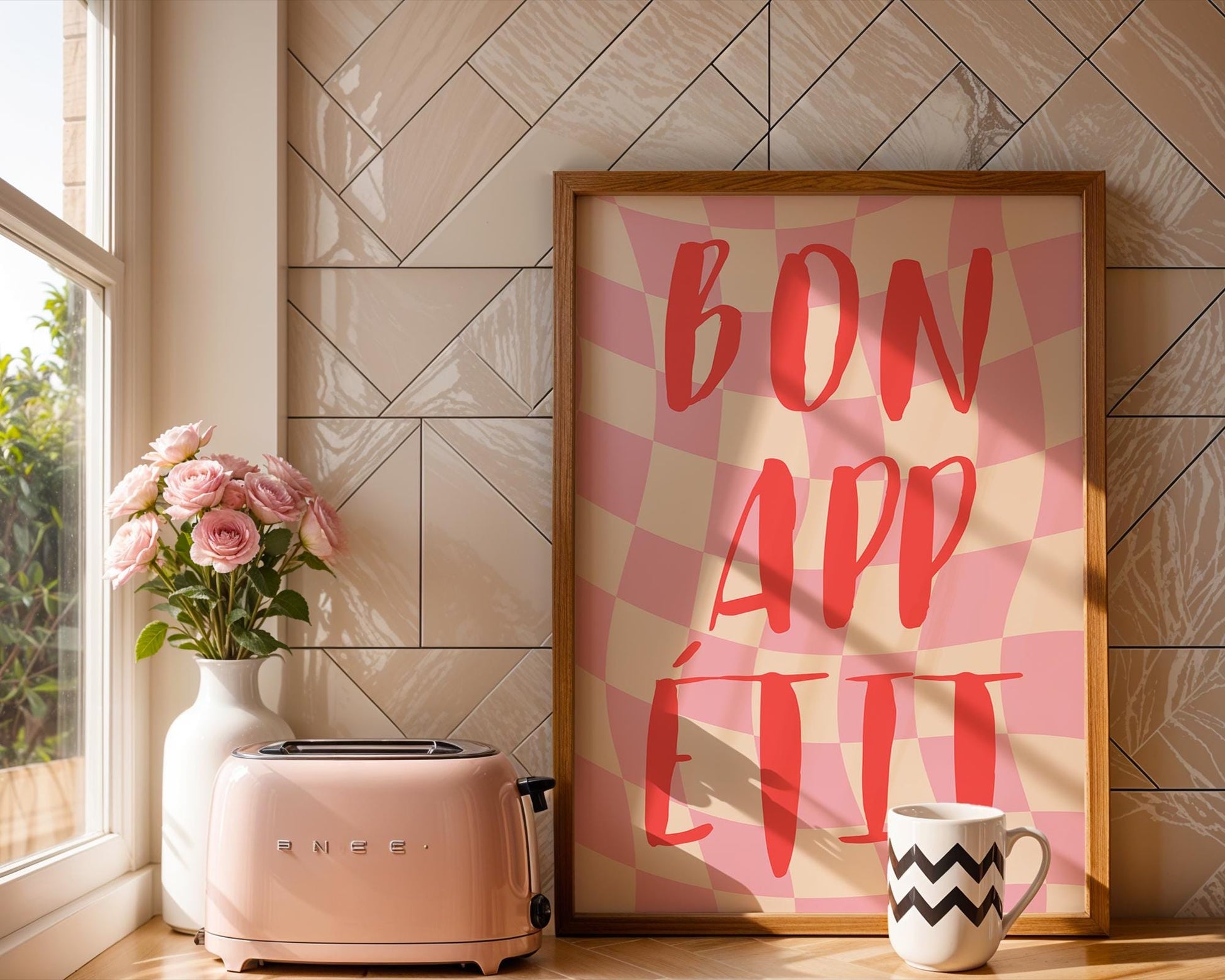 Bon Appétit Poster | Stylish Pink & White Checkered Typography Print to Add a Warm Touch to Your Living Room | digitaler Download