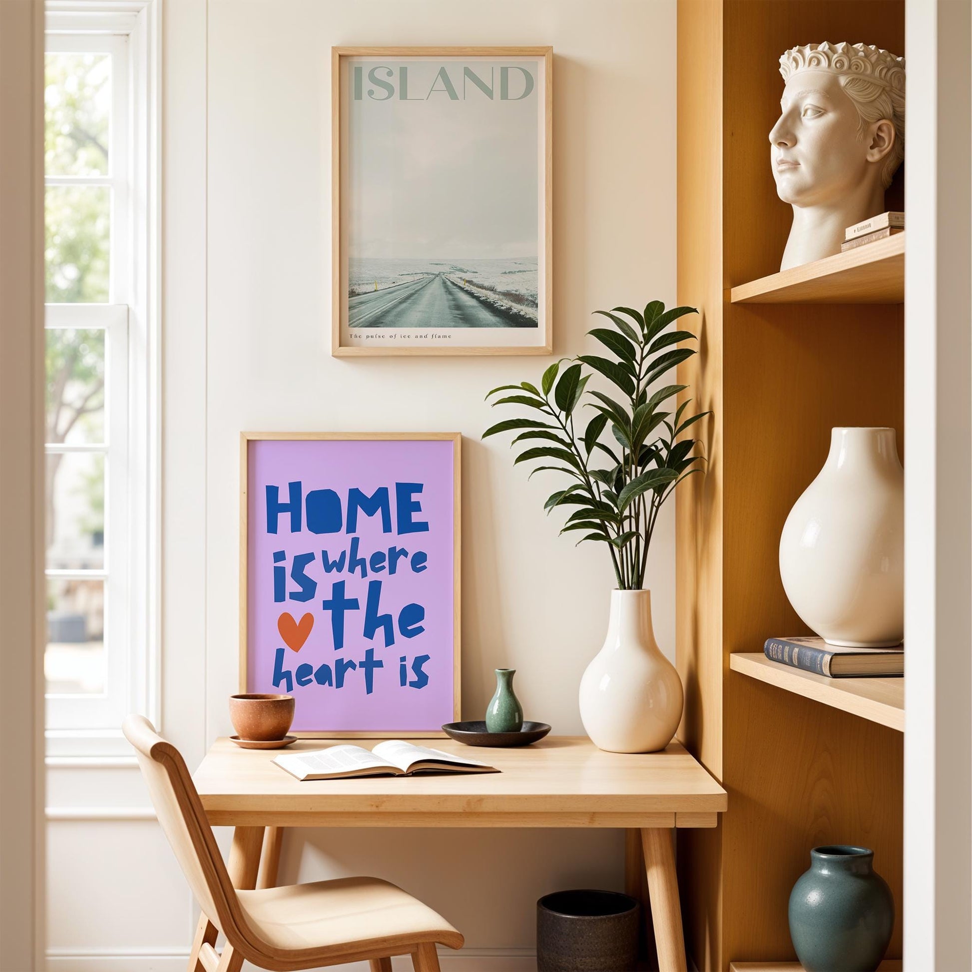 &quot;Poster with the quote &#39;Home is where the heart is&#39; in purple and blue typography, featuring a red heart and vibrant, bold design. Modern home decor.&quot;