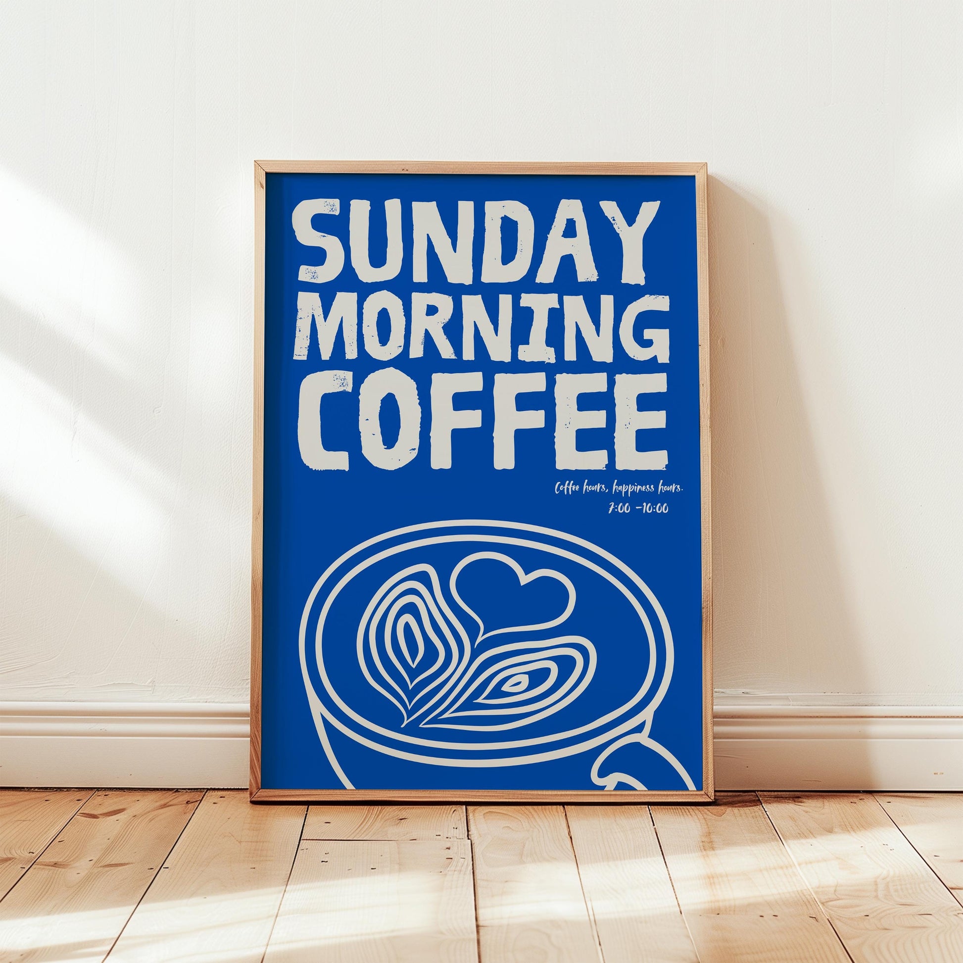 A serene and minimalist coffee art print featuring a soft blue color palette with a cup of coffee on a Sunday morning. Perfect for modern home decor.

Ein ruhiges und minimalistisches Kaffee-Kunst-Poster mit einer sanften blauen Farbpalette und einer Tasse Kaffee an einem Sonntagmorgen. Ideal für modernes Wohnambiente.