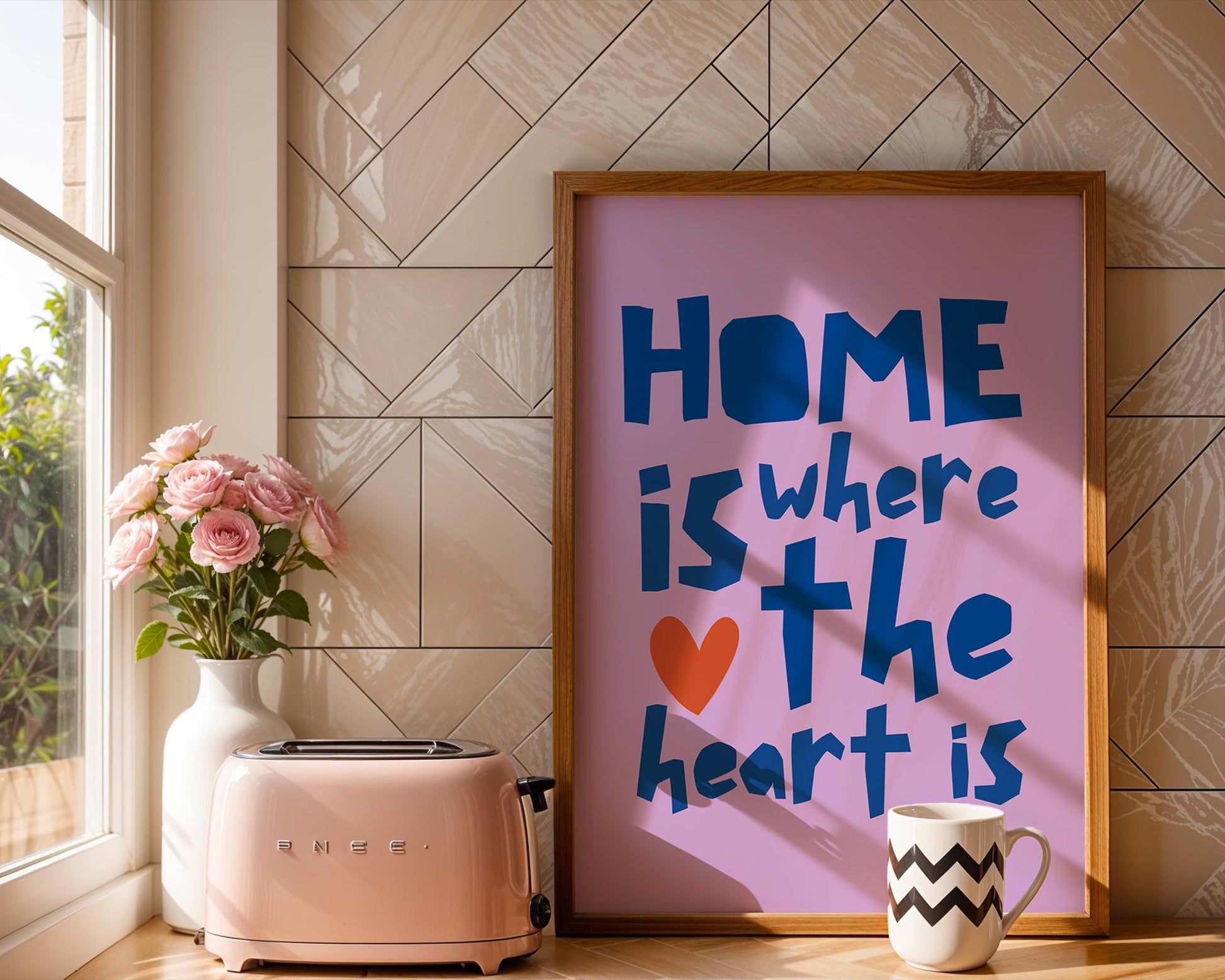 &quot;Poster with the quote &#39;Home is where the heart is&#39; in purple and blue typography, featuring a red heart and vibrant, bold design. Modern home decor.&quot;