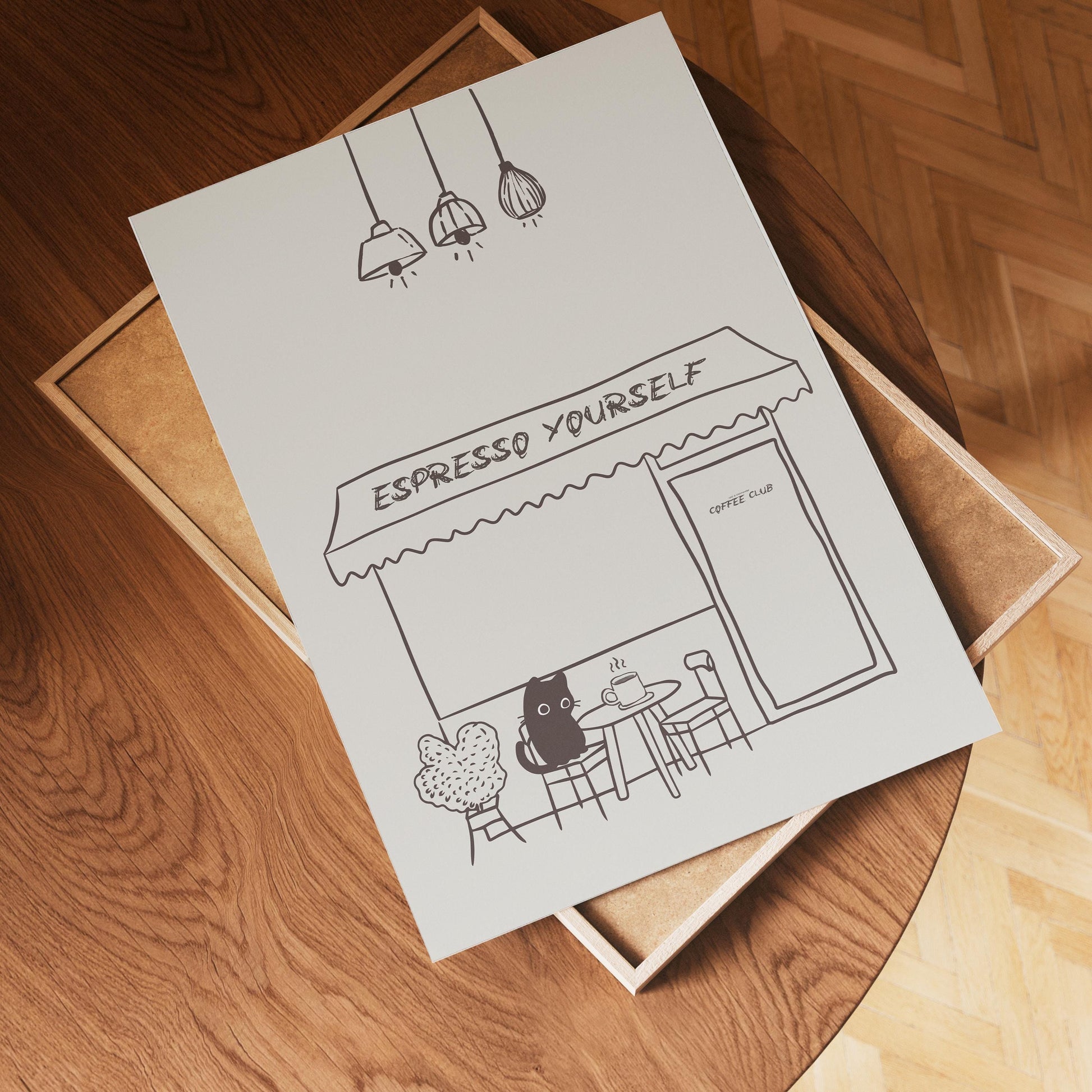 Coffee Poster | &quot;Espresso Yourself&quot; Illustration | Little Cat Drinking Caffe | Minimalist Art Print | Café Wall Decor, Coffee Lover Gift