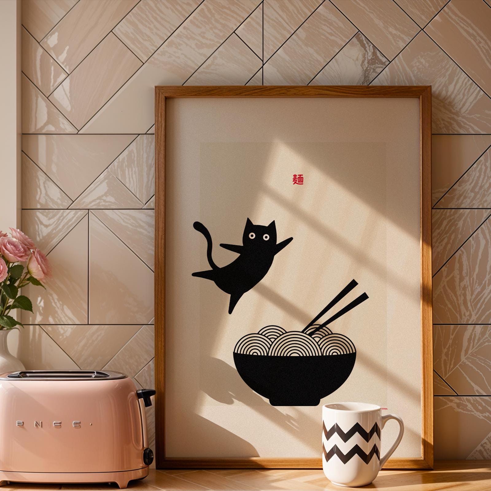 Japan Poster &quot;Noodles and Cat I&quot; | Japanese Wall Art | Japandi Noodles | Japanese Poster | Food Art | Retro Poster With Grain Finish