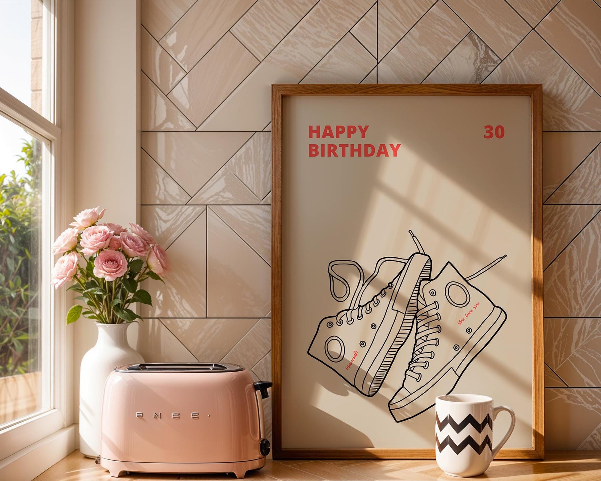 Personalized 30th birthday poster with Chuck sneakers design, custom name and message on each shoe, vibrant wall art, ideal birthday gift