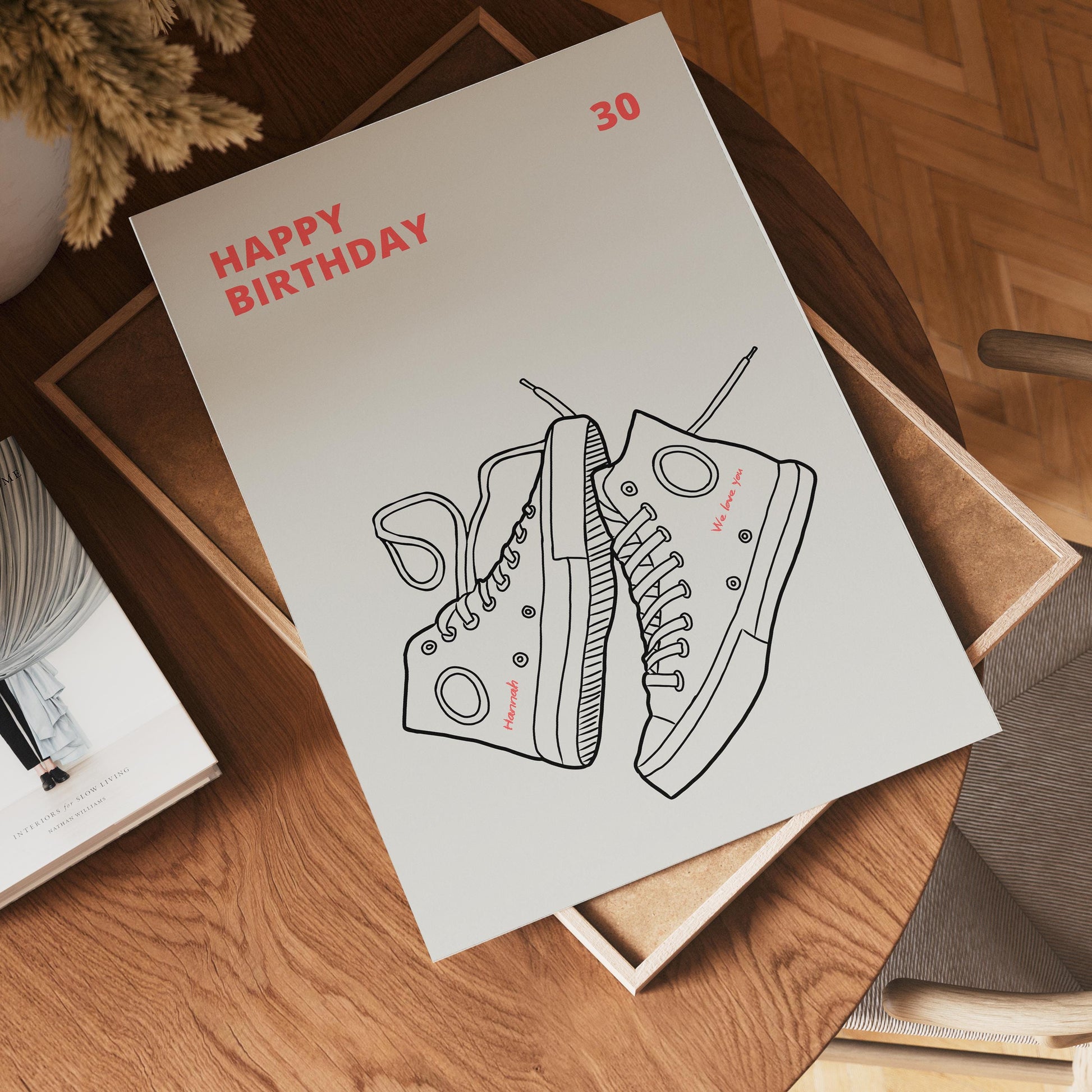 Personalized 30th birthday poster with Chuck sneakers design, custom name and message on each shoe, vibrant wall art, ideal birthday gift