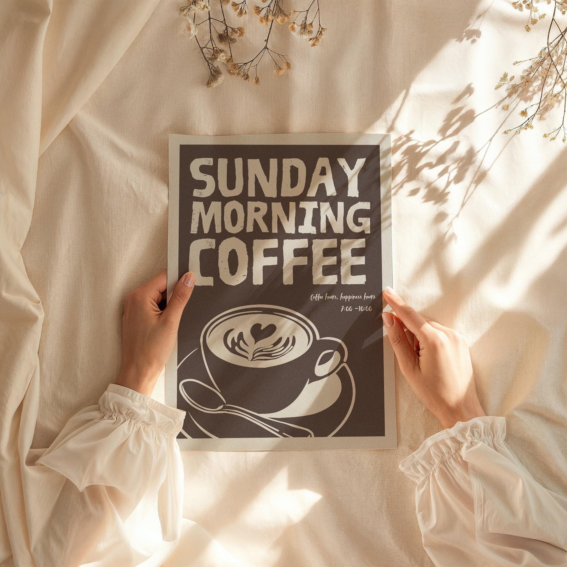 Poster showcasing a warm, soothing coffee theme with soft brown and beige tones. The fine grain finish gives it a high-quality texture, perfect for cozy spaces.