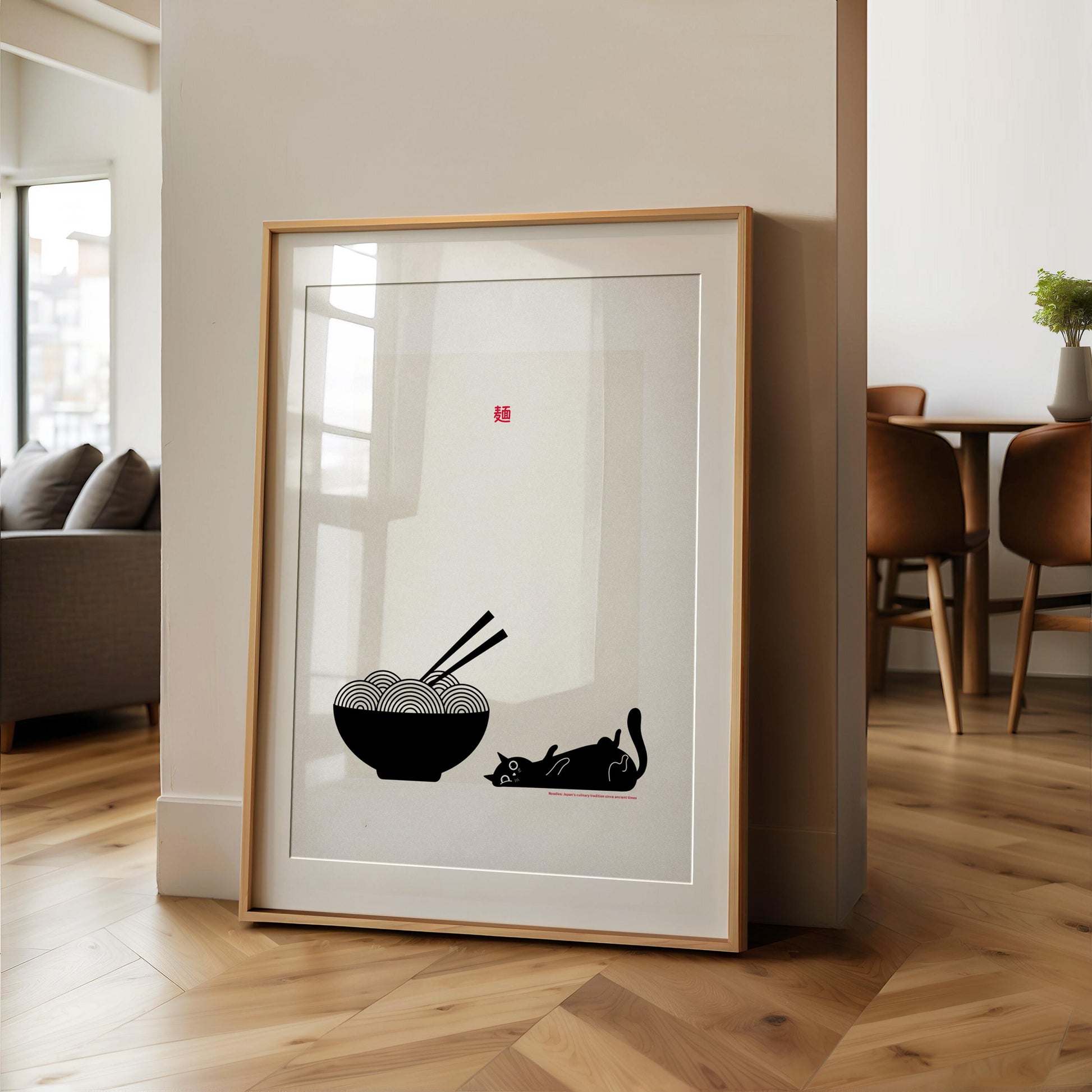 Japan Poster &quot;Noodles and Cat II&quot; | Japanese Wall Art | Japandi Noodles | Japanese Poster | Food Art | Retro Poster With Grain Finish