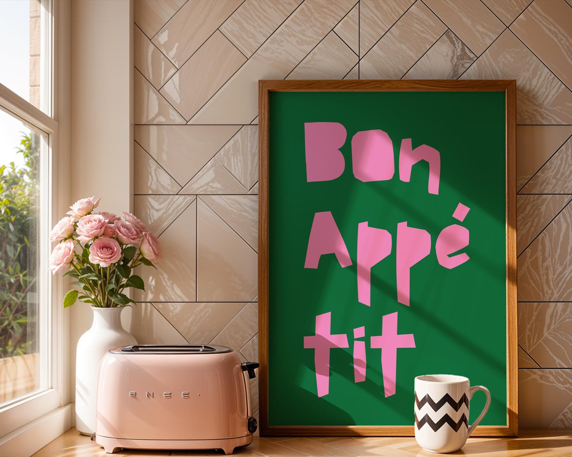 Bon Appétit Poster | Stylish Pink & Green Typography Print to Add a Warm Touch to Your Living Room | Cute Kitchenposter | Modern Wall Art