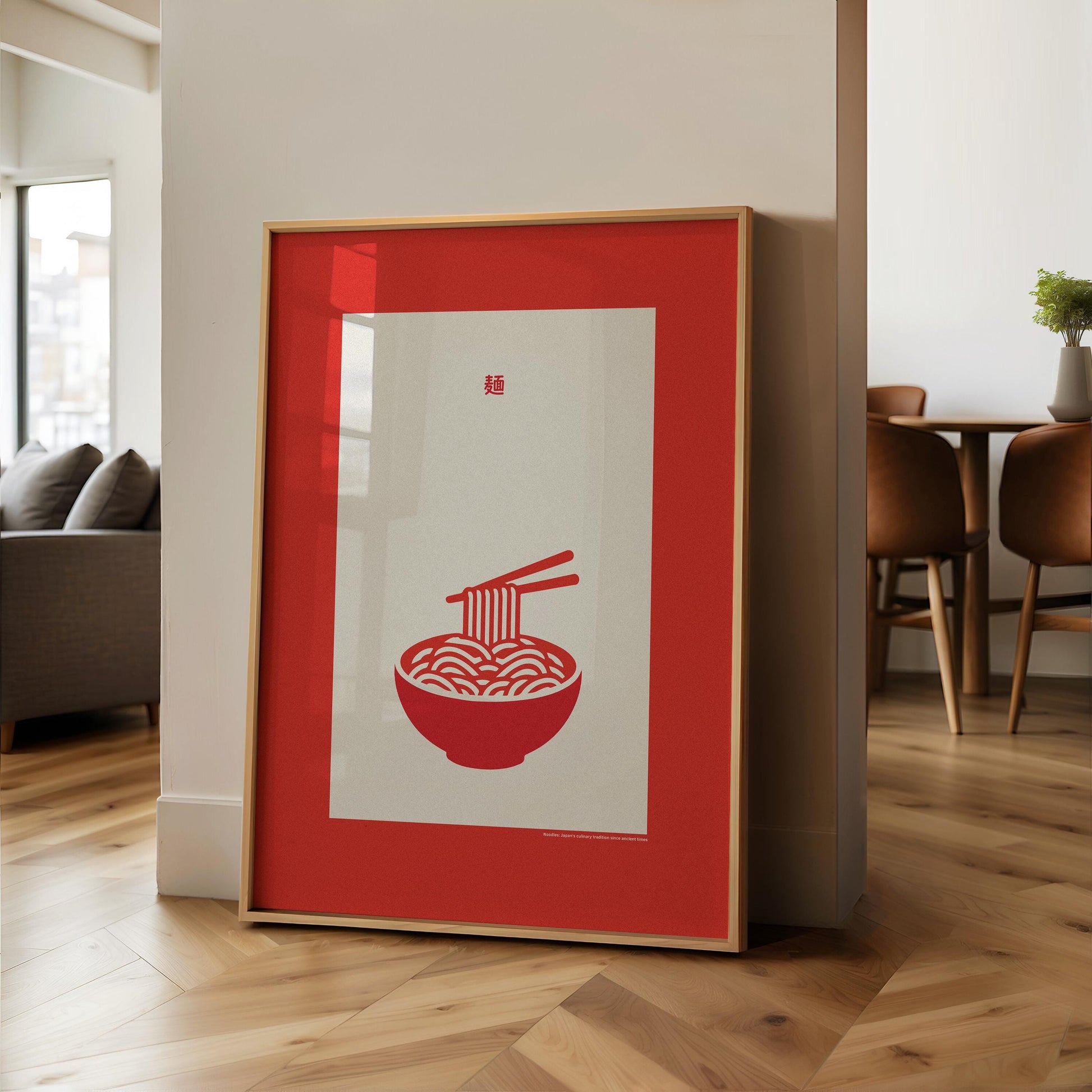 Ein Poster mit einer roten Schüssel japanischer Nudeln und einer stilisierten Darstellung der japanischen kulinarischen Tradition. Das Poster ist in einem roten Rahmen eingebettet und eignet sich perfekt für die Dekoration von Esszimmer oder Küche.

Englisch:
A poster featuring a red bowl of Japanese noodles with a stylized depiction of Japanese culinary tradition. The poster is framed in red, making it a perfect decoration for the dining room or kitchen.