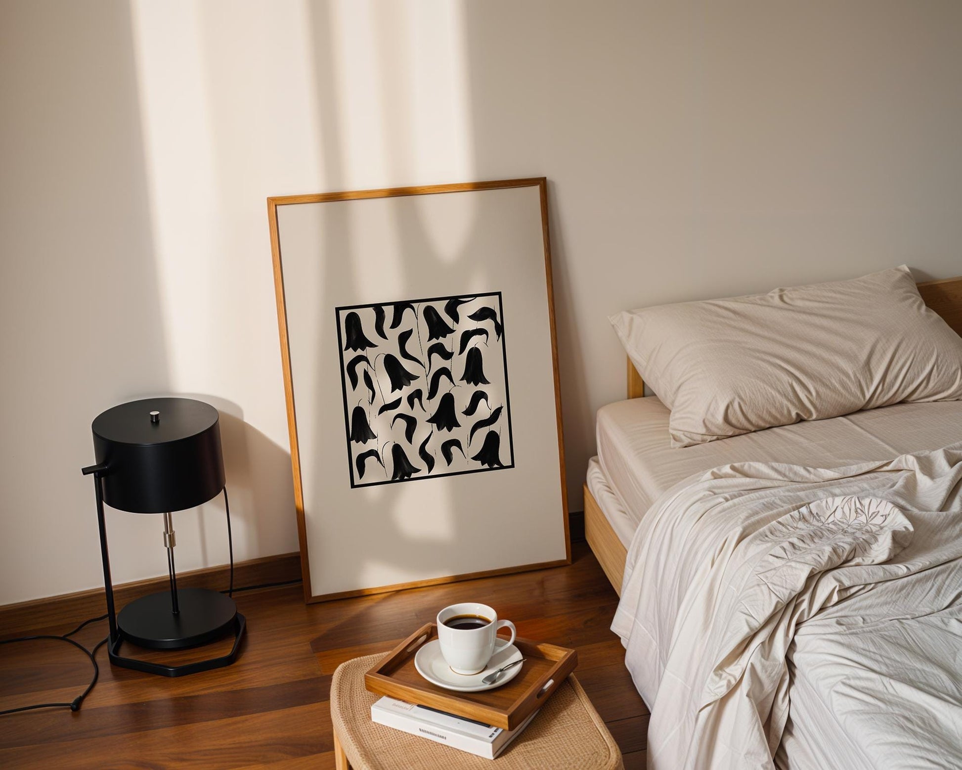 Tulip Stencil Poster – Black and Beige Art Print, Modern Painting, Minimalist Wall Art, Floral Home Decor, Elegant Tulip Artwork