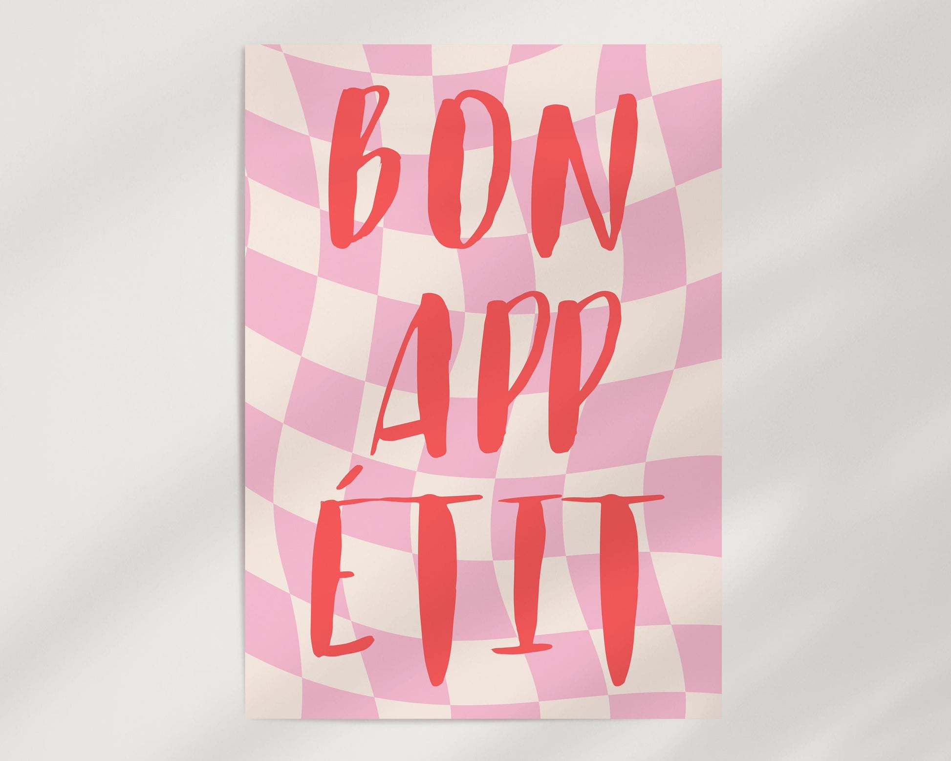 Bon Appétit Poster | Stylish Pink & White Checkered Typography Print to Add a Warm Touch to Your Living Room | digitaler Download