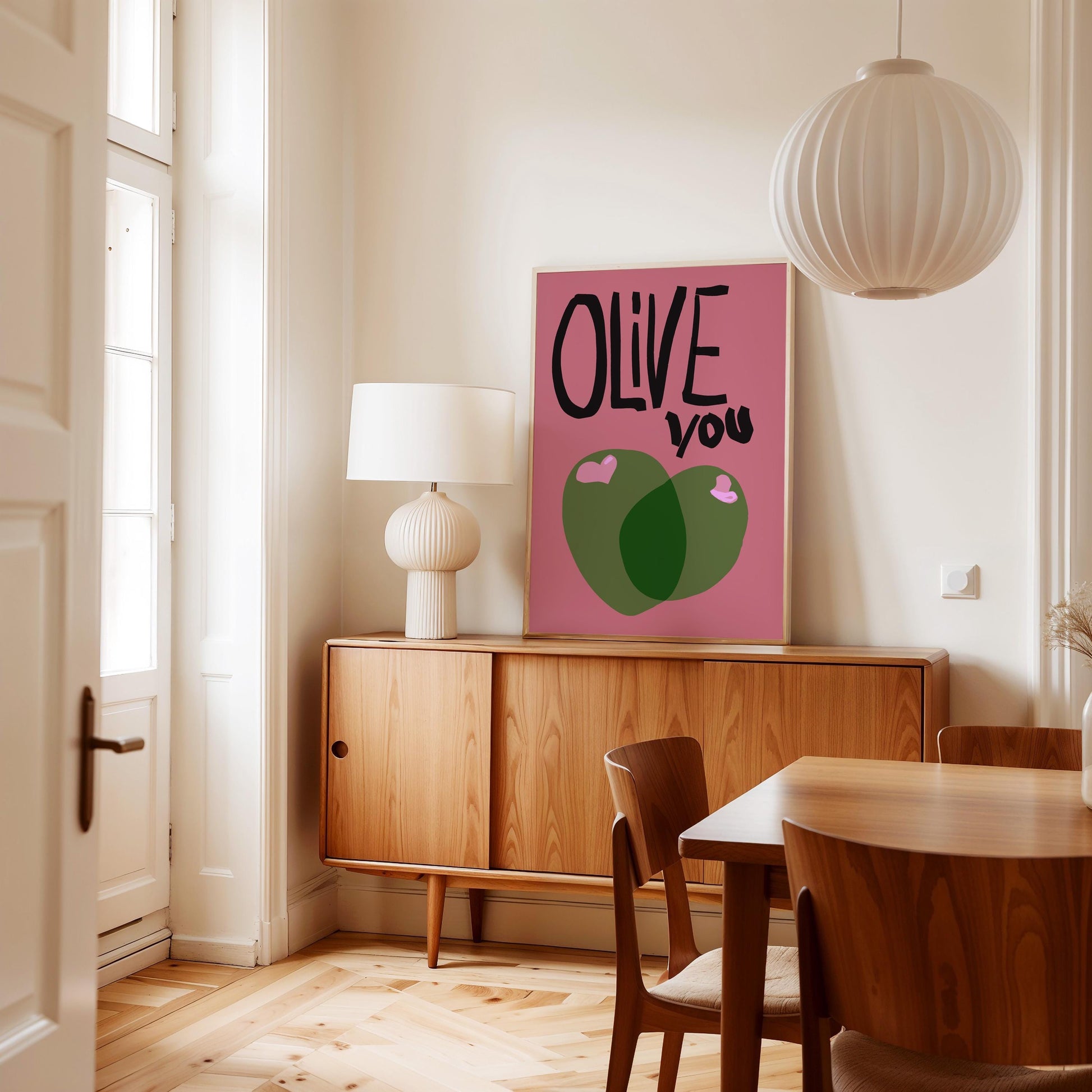 This digital poster features the playful phrase &quot;OLIVE you&quot; in bold, black, hand-drawn lettering on a pink background. Two green olives with pink hearts add a cute and charming touch, making it a perfect humorous gift or wall decor for lovers.