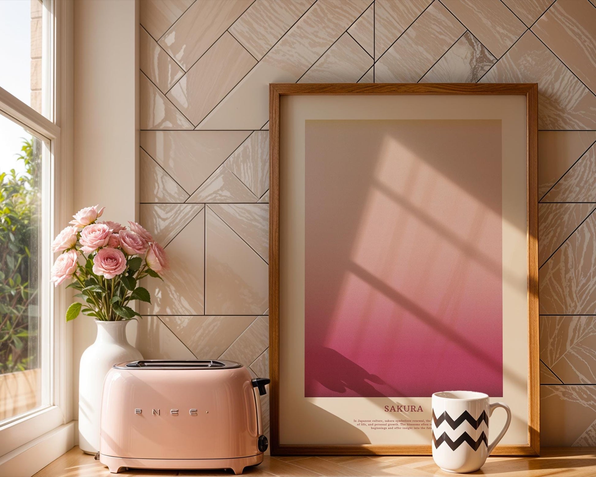 Cherry Blossom Poster, Gradient/Aura Pink Tones and Yellow – Perfect for Nature Lovers
