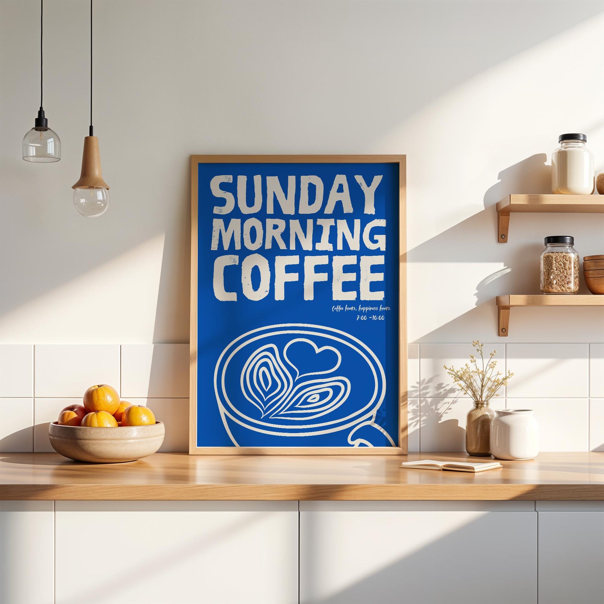 A serene and minimalist coffee art print featuring a soft blue color palette with a cup of coffee on a Sunday morning. Perfect for modern home decor.

Ein ruhiges und minimalistisches Kaffee-Kunst-Poster mit einer sanften blauen Farbpalette und einer Tasse Kaffee an einem Sonntagmorgen. Ideal für modernes Wohnambiente.