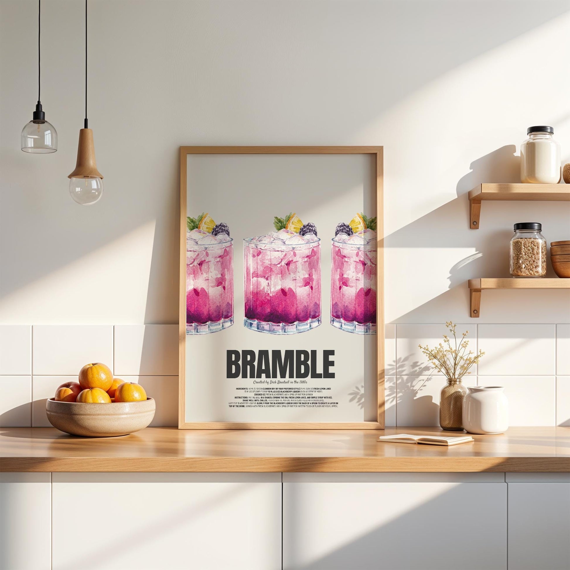 For all cocktail fans and design lovers: This minimalist poster combines cool, hand-drawn glasses in a detailed pencil sketch with a classic BRAMBLE recipe underneath. The colorful glasses look super stylish on the wall - whether in your home bar, kitchen or living room.