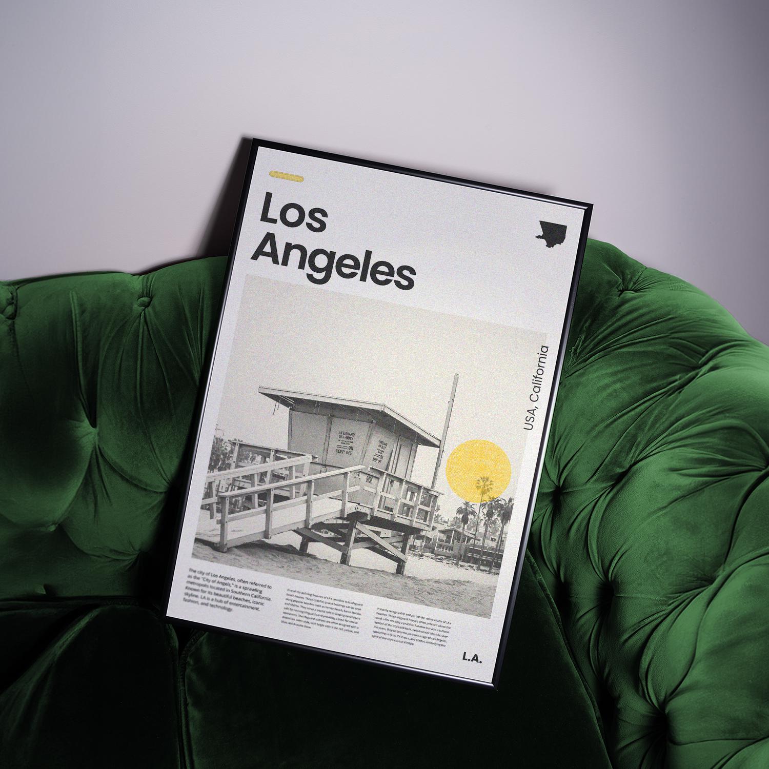 Englisch:
Minimalist Los Angeles poster with a retro lifeguard tower on a classic California beach. Features a yellow sun detail, evoking coastal nostalgia.

Deutsch:
Minimalistisches Los Angeles Poster mit einem Retro-Rettungsturm an einem klassischen kalifornischen Strand. Gelbes Sonnen-Detail für nostalgisches Strandgefühl.