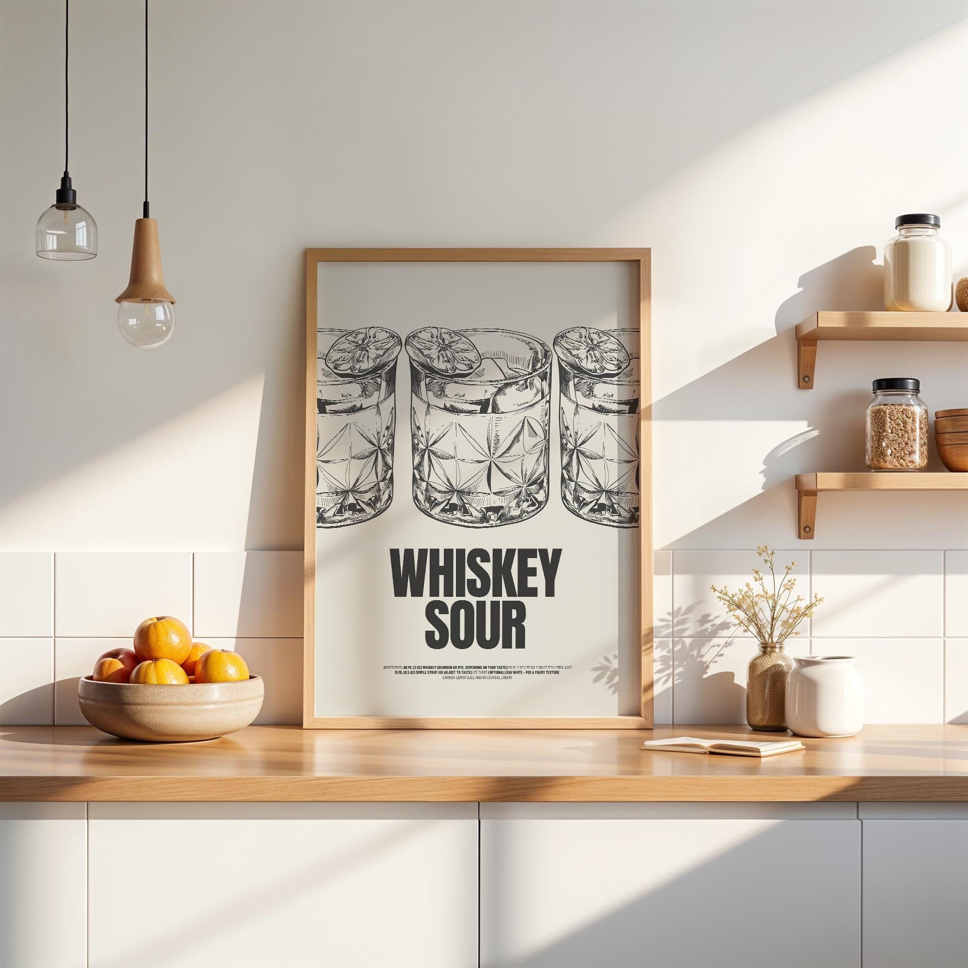 Handgezeichnetes Whiskey Sour Poster mit drei detaillierten Cocktails in Vintage-Gläsern, Eis und Zitronenscheibe. Schwarz-weiße Illustration mit minimalistischer Ästhetik, perfekt für Bar-Dekoration und Küchenkunst.

Englisch:
Hand-drawn Whiskey Sour Print featuring three detailed cocktails in vintage glasses, ice, and a lemon slice garnish. Black-and-white illustration with a minimalist aesthetic, perfect for bar decor and kitchen art.