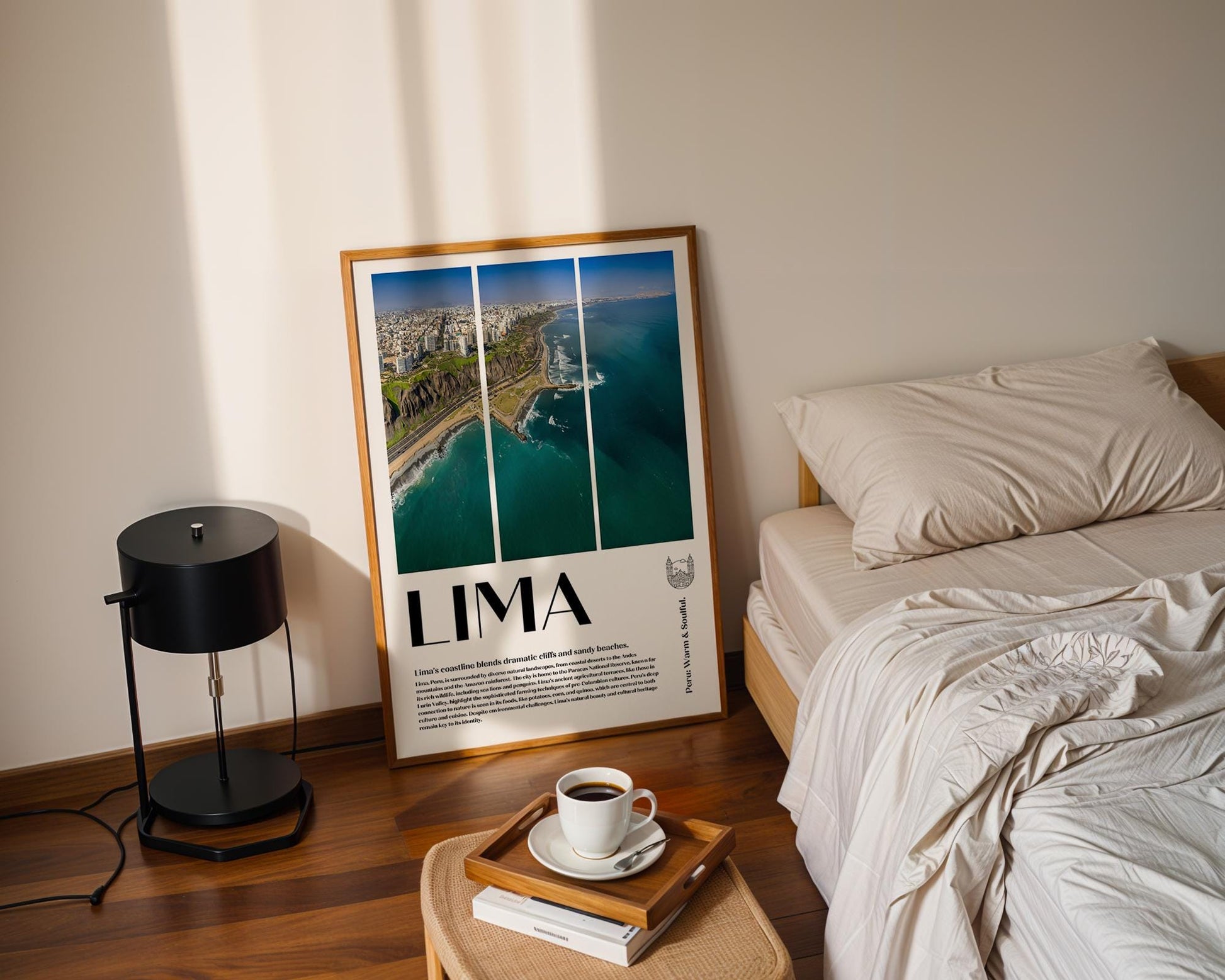 A minimalist coastal poster featuring an ocean view with gentle waves, soft blue hues, and a motivational text. Perfect for beach-themed decor.