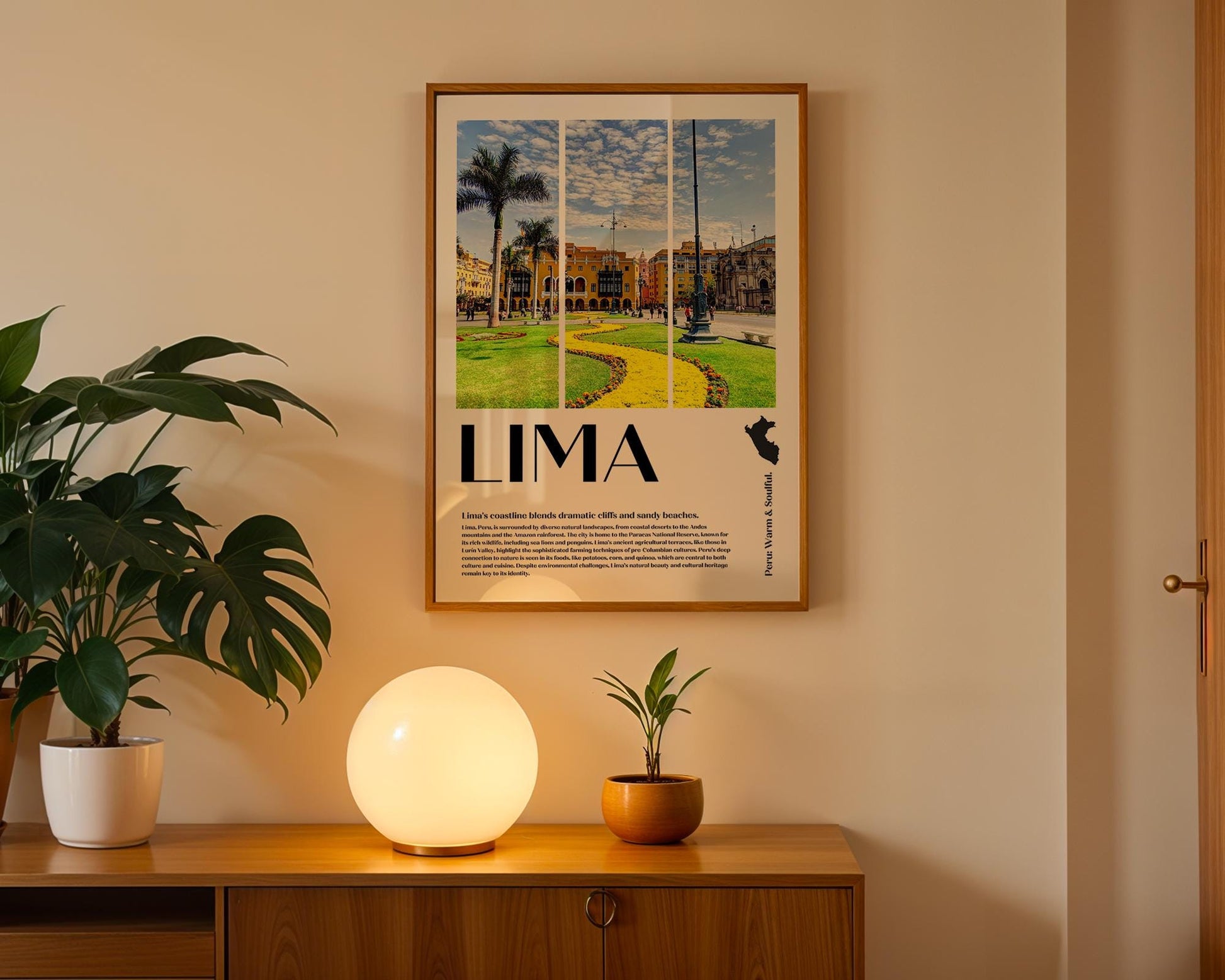 Ein minimalistisches Küstenposter mit dem wunderschönen Strand von Lima, Peru, einer ruhigen Meeresansicht und weichem Sand, ergänzt durch inspirierenden Text.