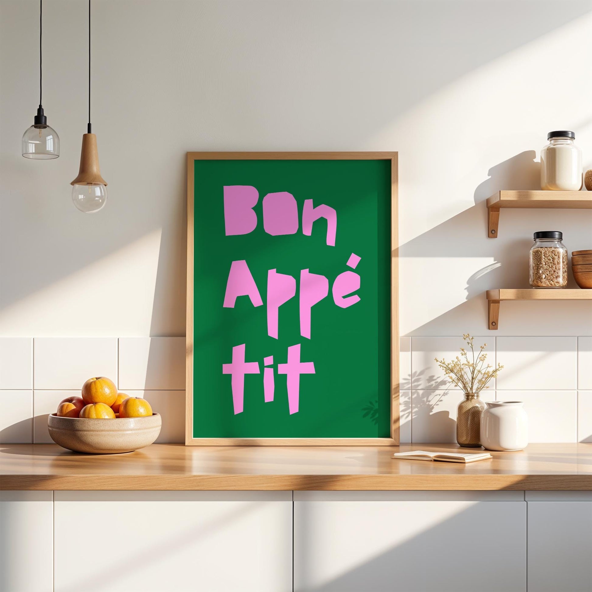 Bon Appétit Poster | Stylish Pink & Green Typography Print to Add a Warm Touch to Your Living Room | Cute Kitchenposter | Modern Wall Art