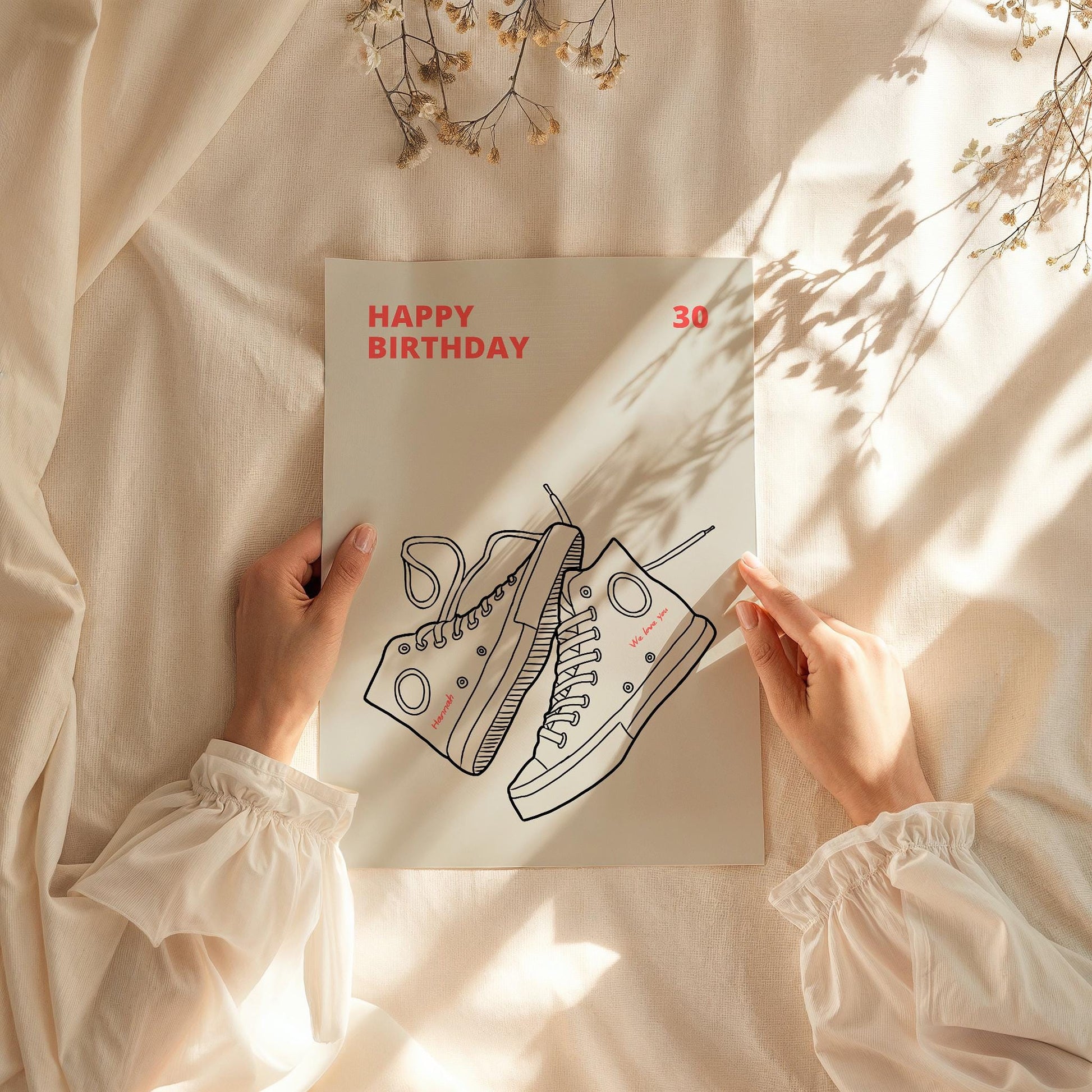 Personalized 30th birthday poster with Chuck sneakers design, custom name and message on each shoe, vibrant wall art, ideal birthday gift