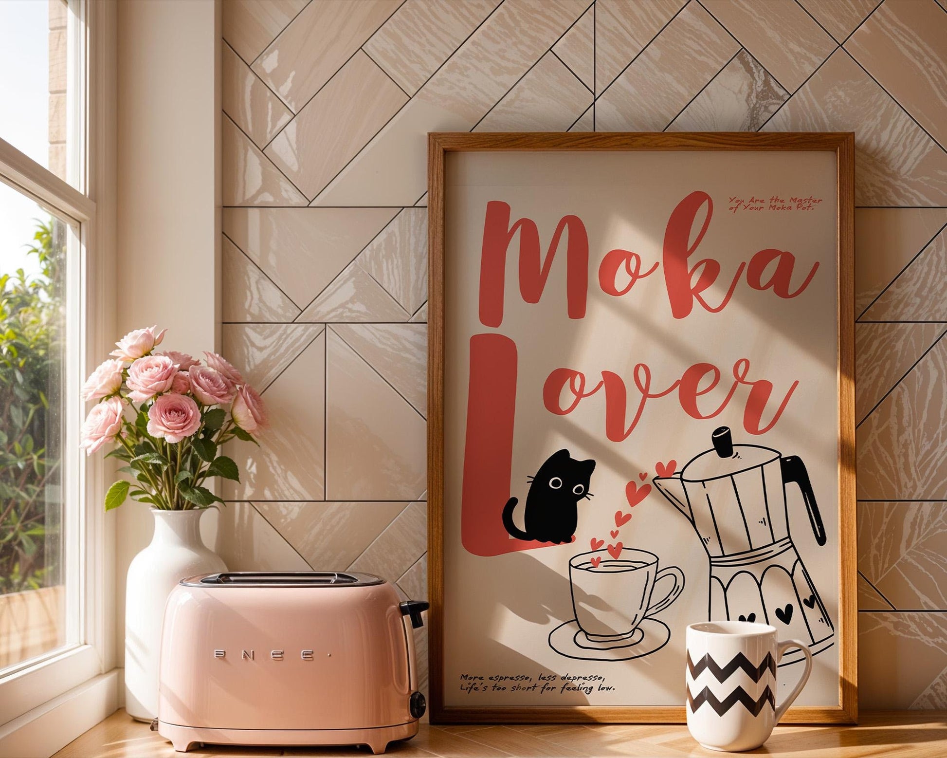 Moka Poster I – &quot;Moka Lover with Cat&quot; with Elegant Line Art of Moka Pot – A Perfect Addition for Coffee Lovers and Kitchen Decor