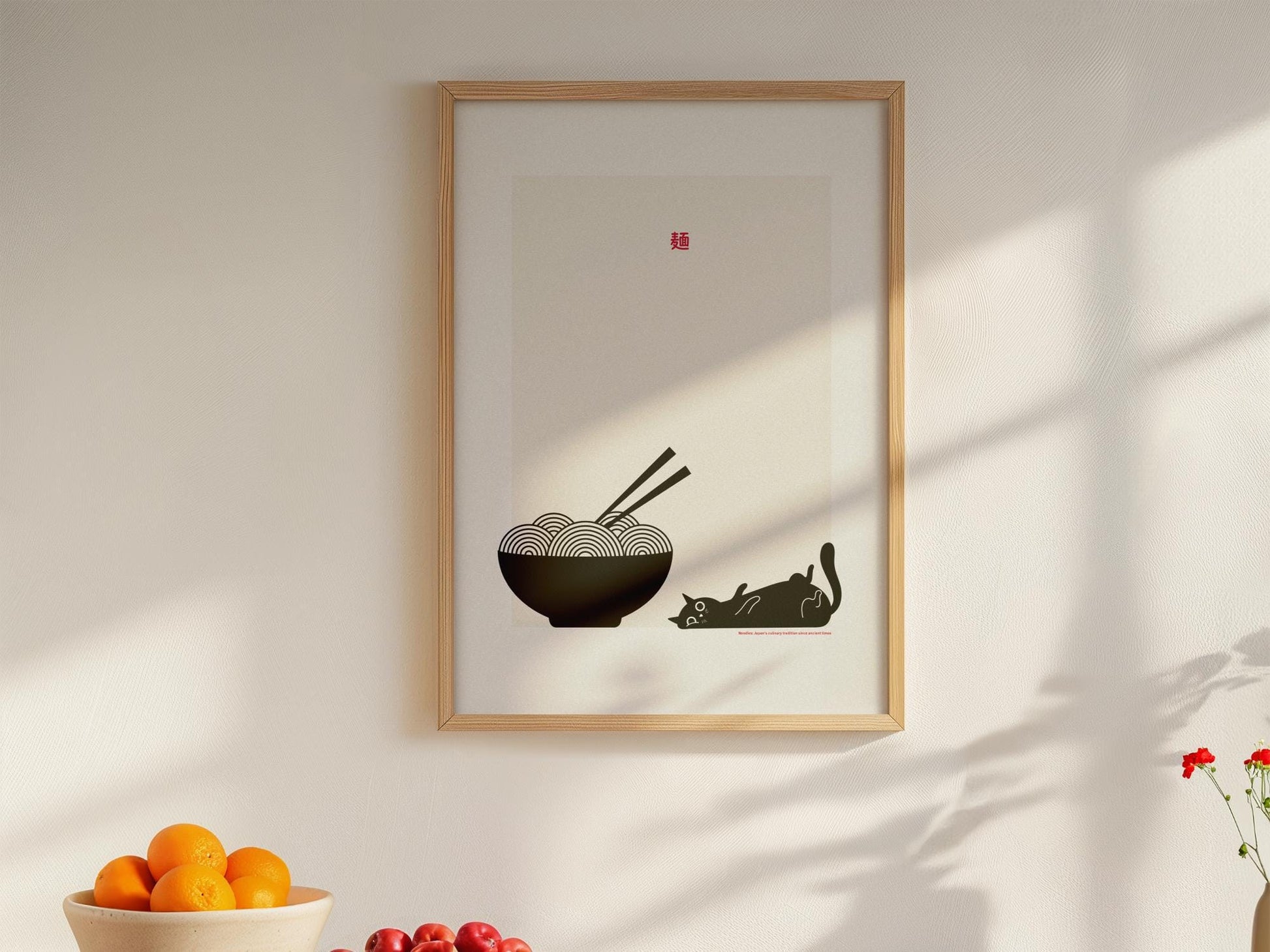 Japan Poster &quot;Noodles and Cat II&quot; | Japanese Wall Art | Japandi Noodles | Japanese Poster | Food Art | Retro Poster With Grain Finish