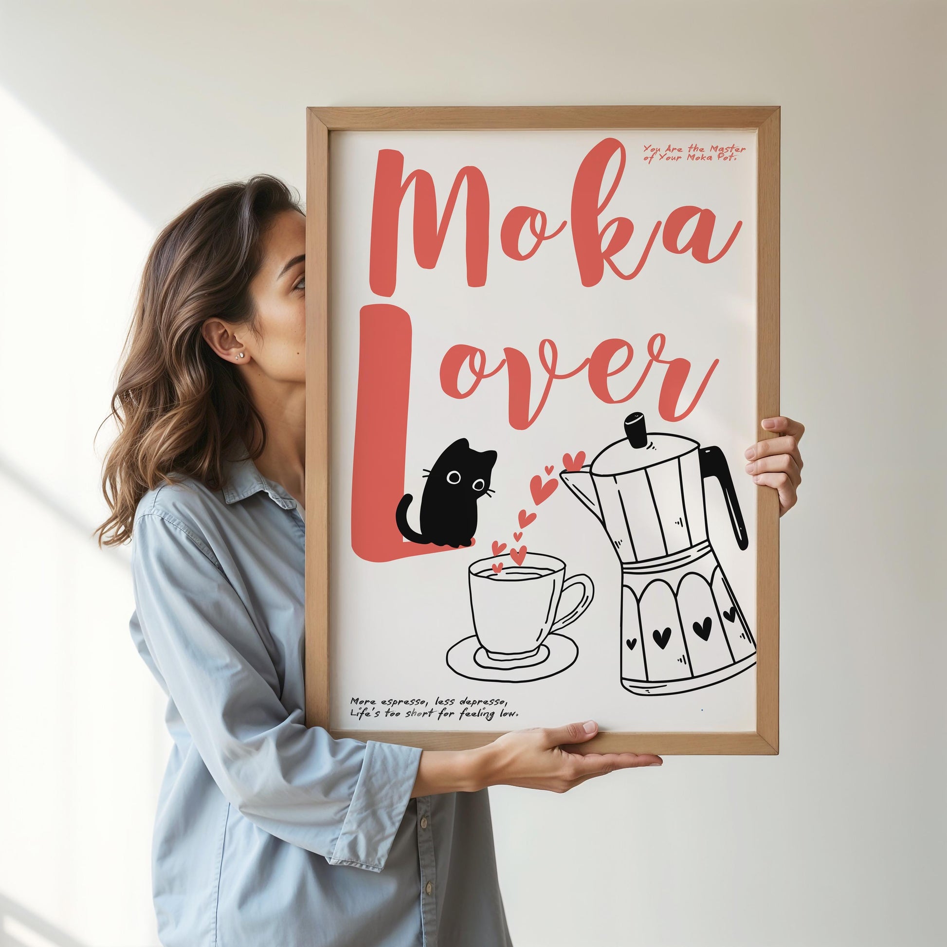 Moka Poster I Moka Lover with Cat with Elegant Line Art of Moka Pot – A Perfect Addition for Coffee Lovers and Kitchen Decor