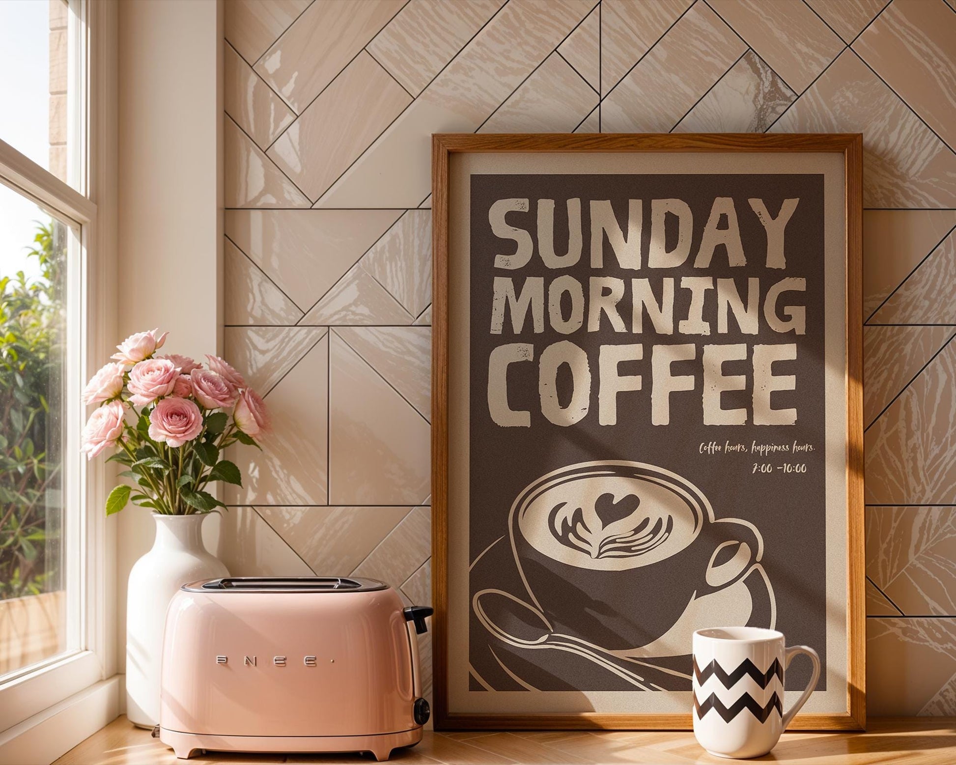Poster showcasing a warm, soothing coffee theme with soft brown and beige tones. The fine grain finish gives it a high-quality texture, perfect for cozy spaces.