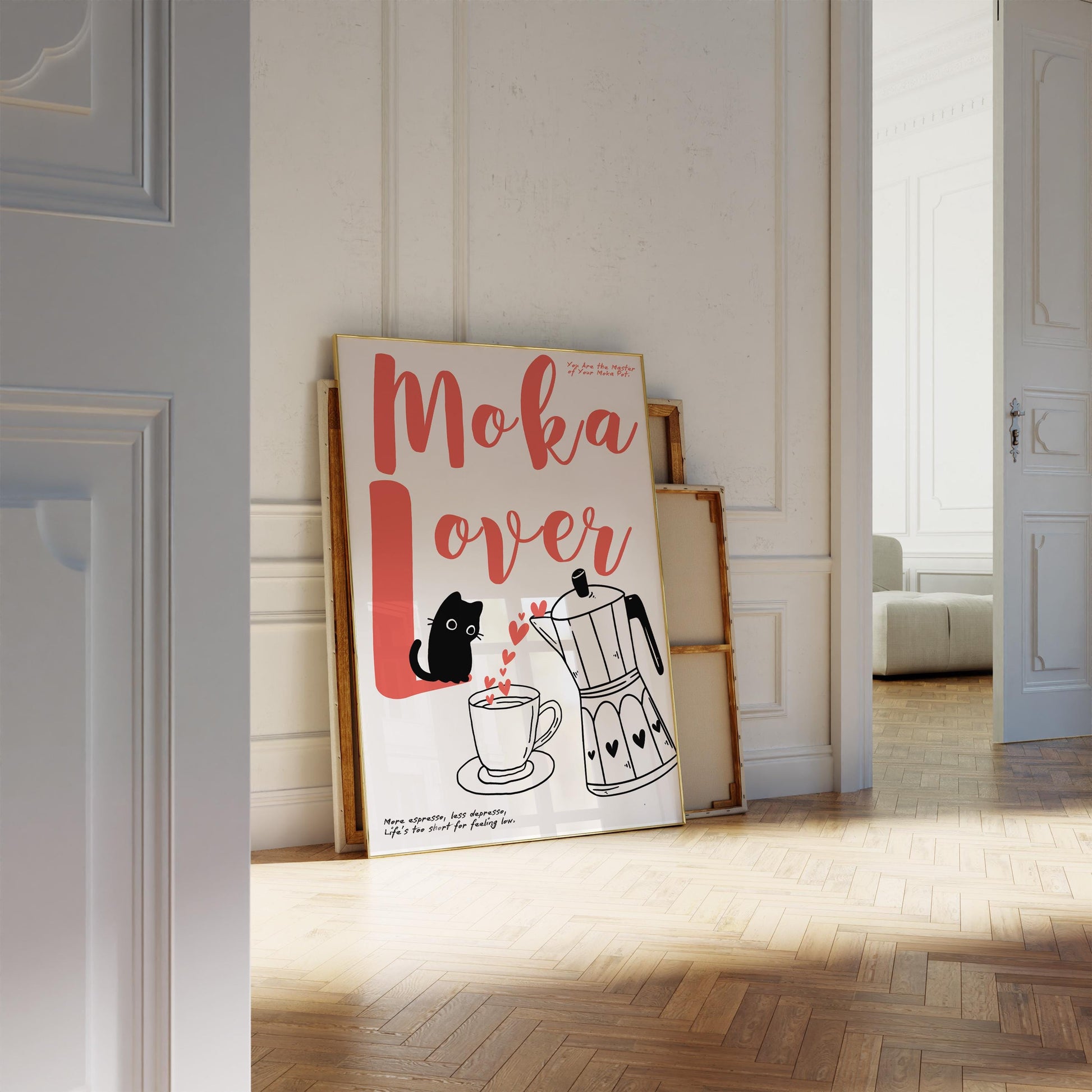 Moka Poster I – &quot;Moka Lover with Cat&quot; with Elegant Line Art of Moka Pot – A Perfect Addition for Coffee Lovers and Kitchen Decor