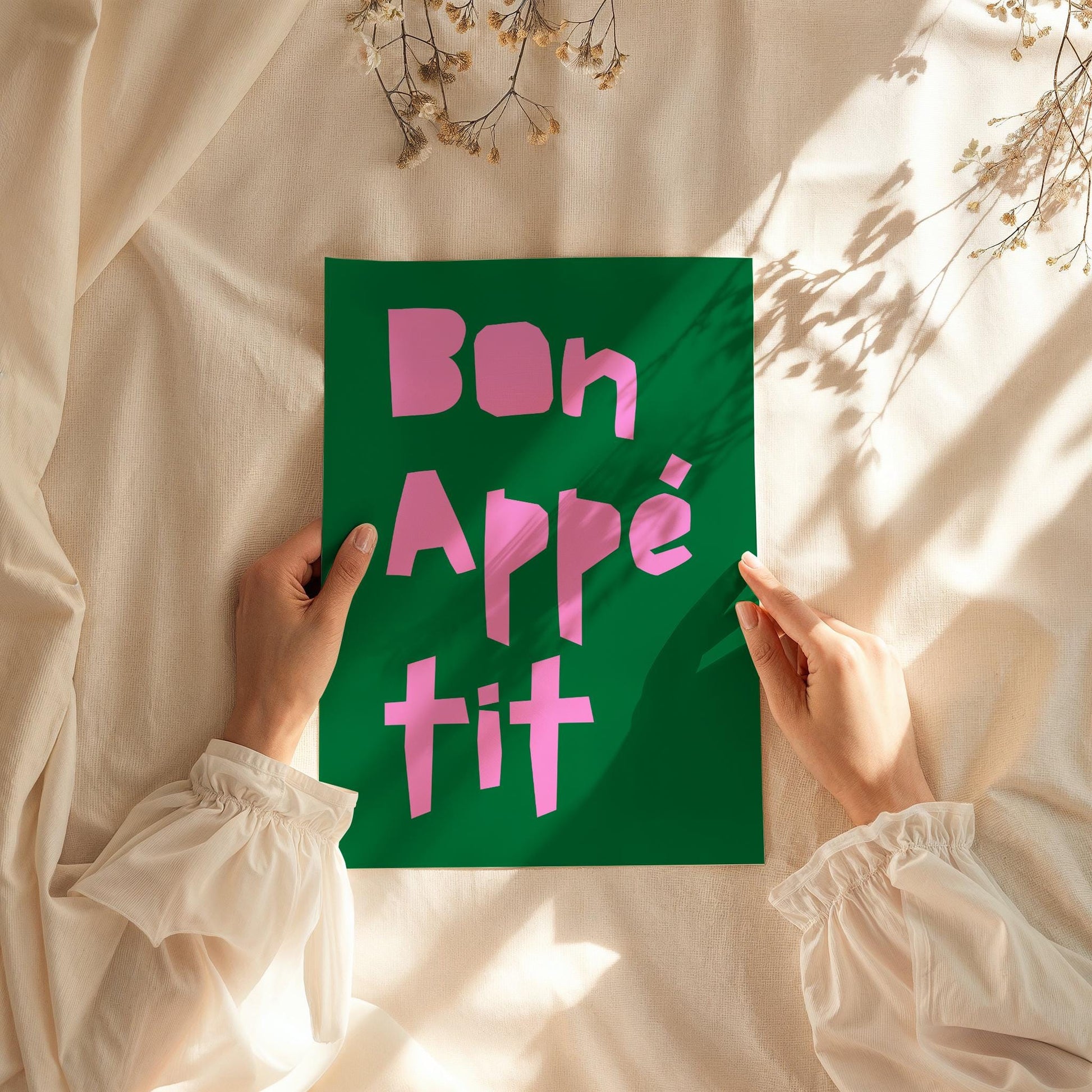 Bon Appétit Poster | Stylish Pink & Green Typography Print to Add a Warm Touch to Your Living Room | Cute Kitchenposter | Modern Wall Art