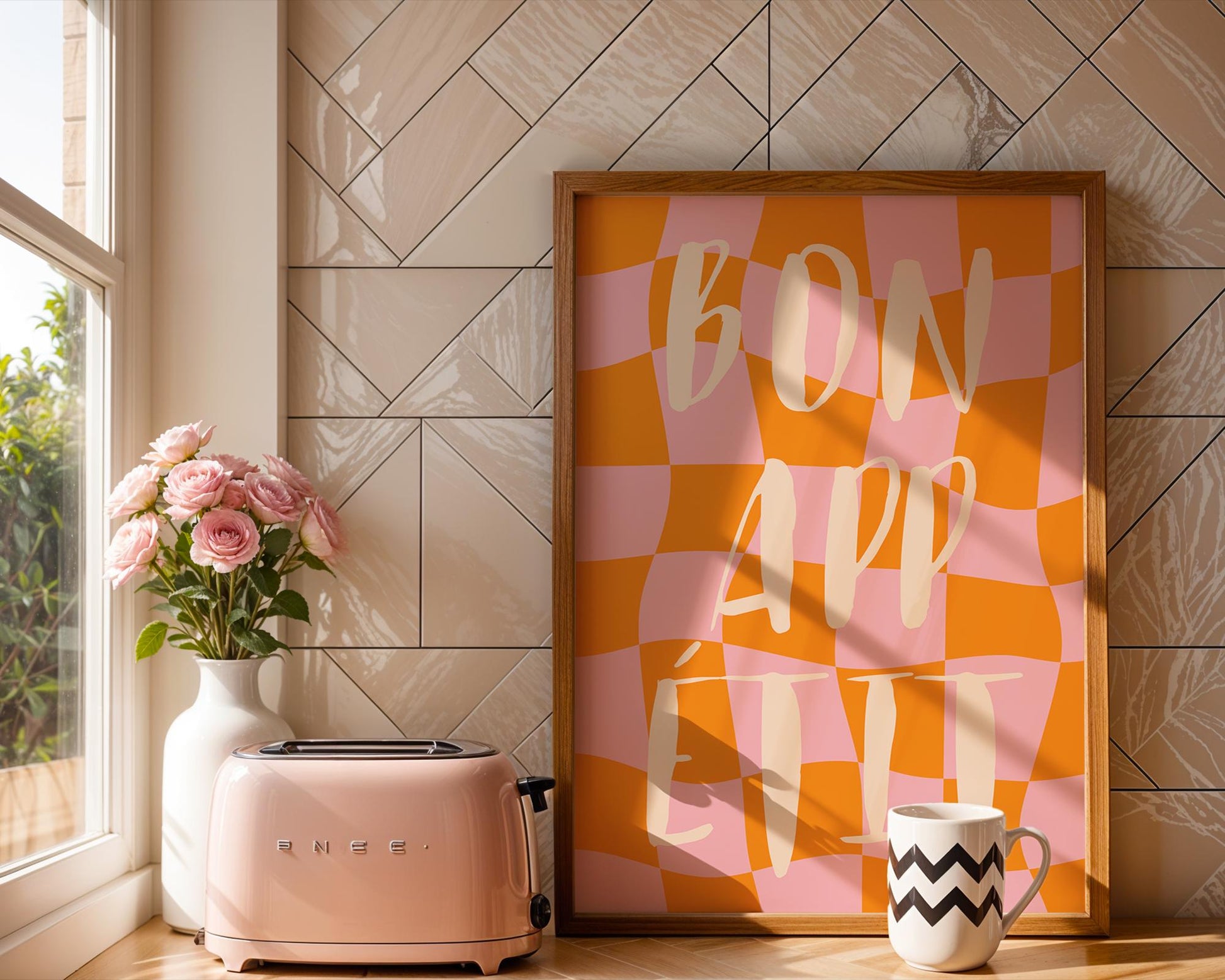 Bon Appétit Poster | Stylish Pink & White Checkered Typography Print to Add a Warm Touch to Your Living Room | digitaler Download