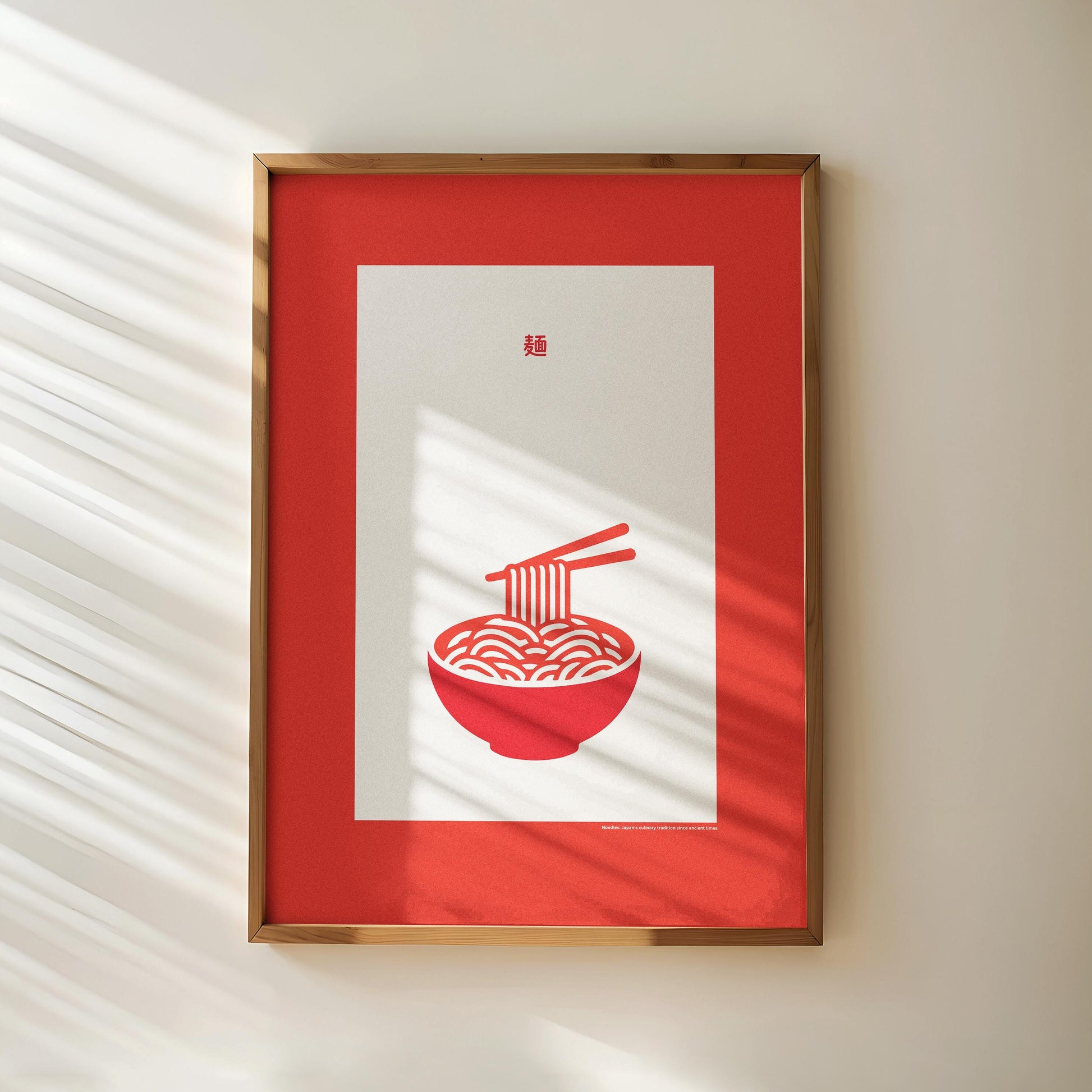 Ein Poster mit einer roten Schüssel japanischer Nudeln und einer stilisierten Darstellung der japanischen kulinarischen Tradition. Das Poster ist in einem roten Rahmen eingebettet und eignet sich perfekt für die Dekoration von Esszimmer oder Küche.

Englisch:
A poster featuring a red bowl of Japanese noodles with a stylized depiction of Japanese culinary tradition. The poster is framed in red, making it a perfect decoration for the dining room or kitchen.