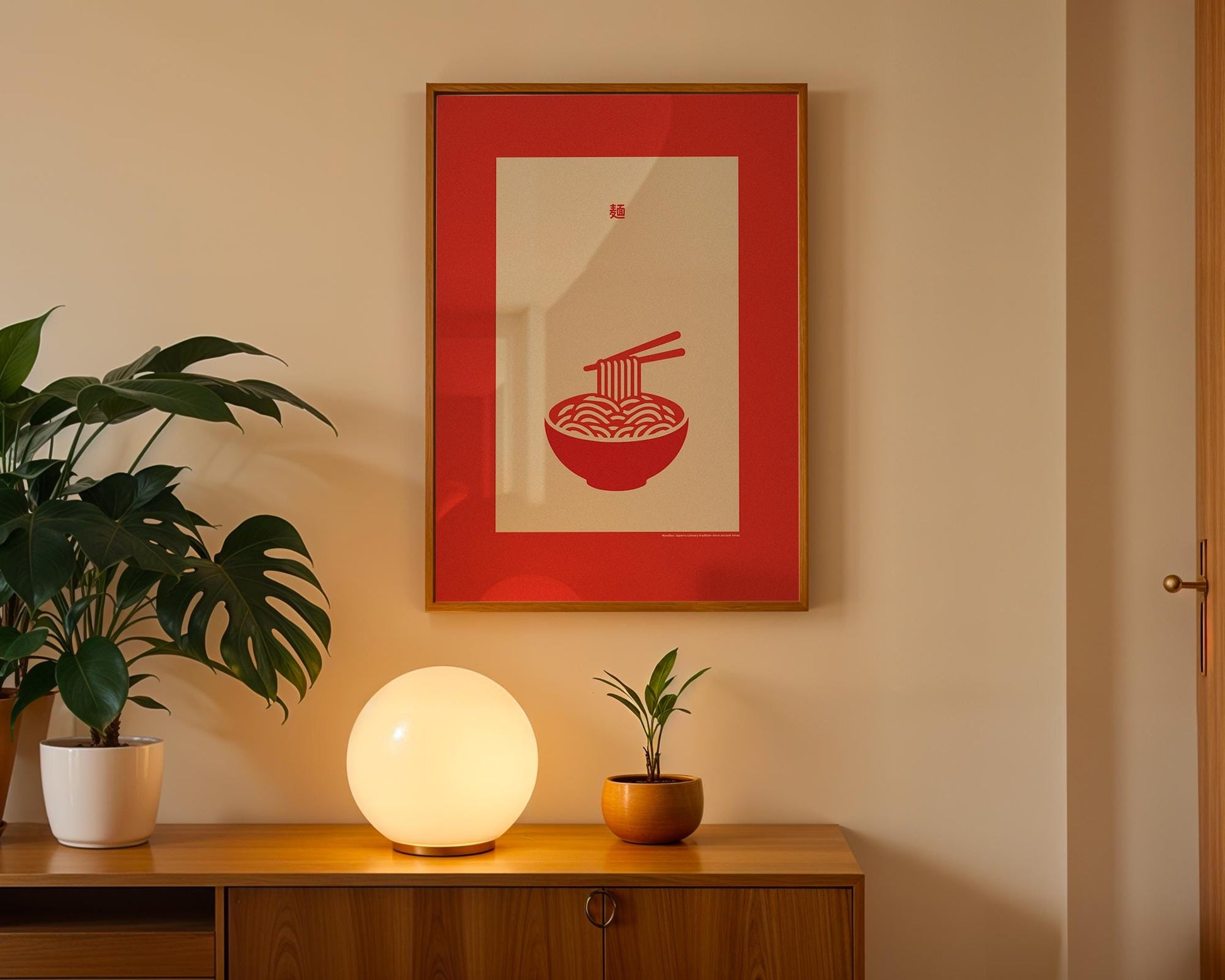 Ein Poster mit einer roten Schüssel japanischer Nudeln und einer stilisierten Darstellung der japanischen kulinarischen Tradition. Das Poster ist in einem roten Rahmen eingebettet und eignet sich perfekt für die Dekoration von Esszimmer oder Küche.

Englisch:
A poster featuring a red bowl of Japanese noodles with a stylized depiction of Japanese culinary tradition. The poster is framed in red, making it a perfect decoration for the dining room or kitchen.