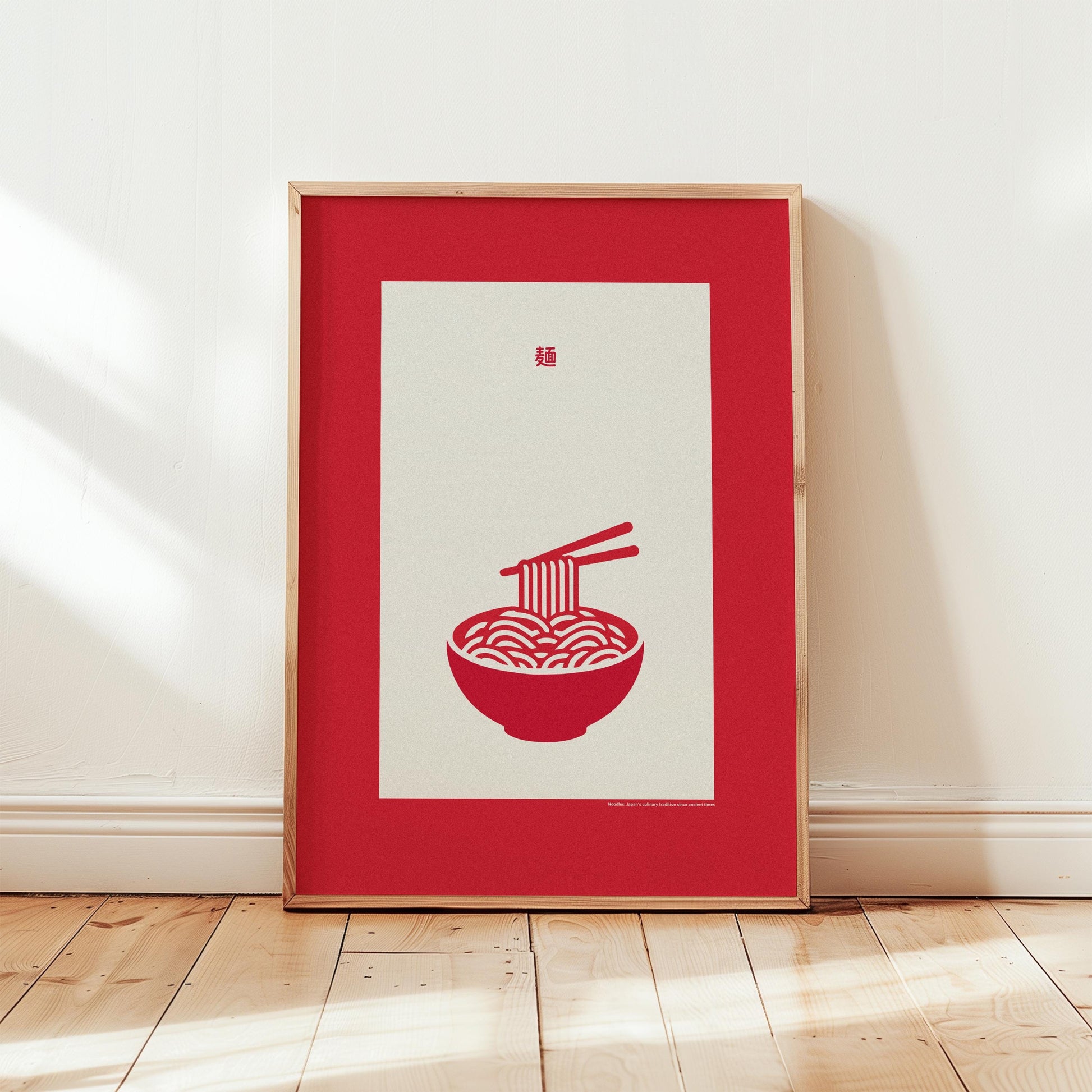 Ein Poster mit einer roten Schüssel japanischer Nudeln und einer stilisierten Darstellung der japanischen kulinarischen Tradition. Das Poster ist in einem roten Rahmen eingebettet und eignet sich perfekt für die Dekoration von Esszimmer oder Küche.

Englisch:
A poster featuring a red bowl of Japanese noodles with a stylized depiction of Japanese culinary tradition. The poster is framed in red, making it a perfect decoration for the dining room or kitchen.