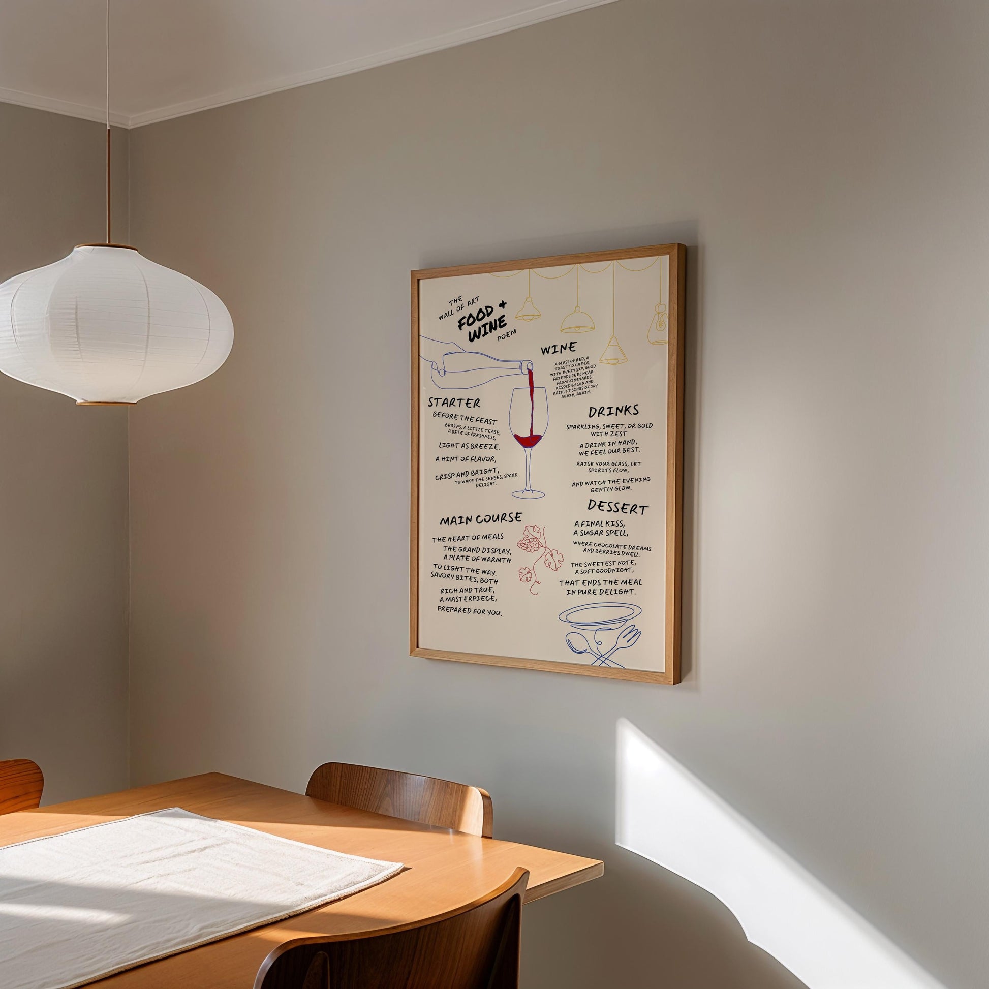 Handwritten food poem art print with minimalist one-line drawings of wine glass, grapes, tableware, and a hanging lamp, combining poetry and culinary design for stylish kitchen decor.

🖼 ALT-TEXT (DEUTSCH):
Handgeschriebenes Food-Gedicht als Kunstdruck mit minimalistischen One-Line-Zeichnungen von Weinglas, Trauben, Tellern und Hängelampe – eine Kombination aus Poesie und kulinarischer Ästhetik für stilvolle Küchendekoration.