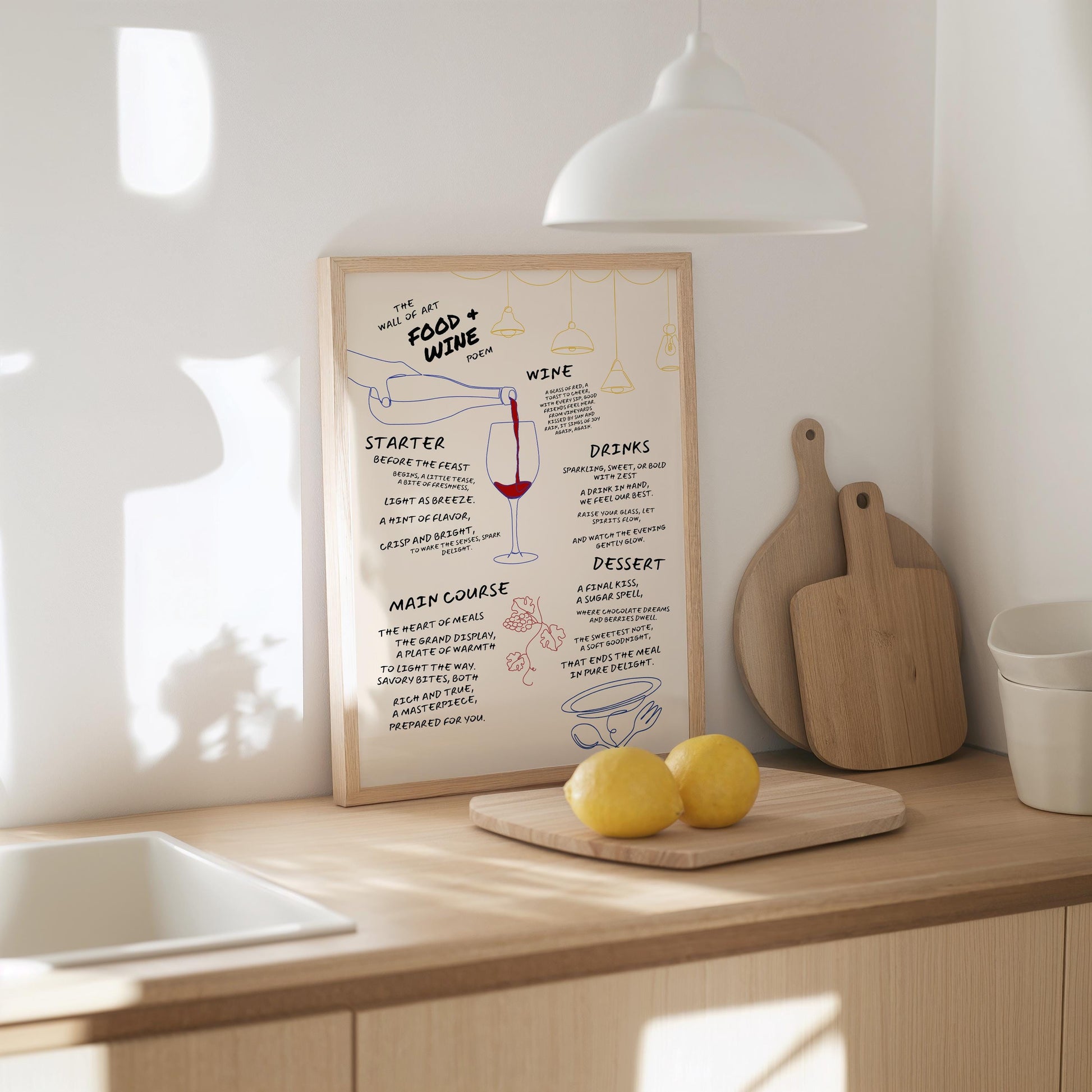 Handwritten food poem art print with minimalist one-line drawings of wine glass, grapes, tableware, and a hanging lamp, combining poetry and culinary design for stylish kitchen decor.

🖼 ALT-TEXT (DEUTSCH):
Handgeschriebenes Food-Gedicht als Kunstdruck mit minimalistischen One-Line-Zeichnungen von Weinglas, Trauben, Tellern und Hängelampe – eine Kombination aus Poesie und kulinarischer Ästhetik für stilvolle Küchendekoration.