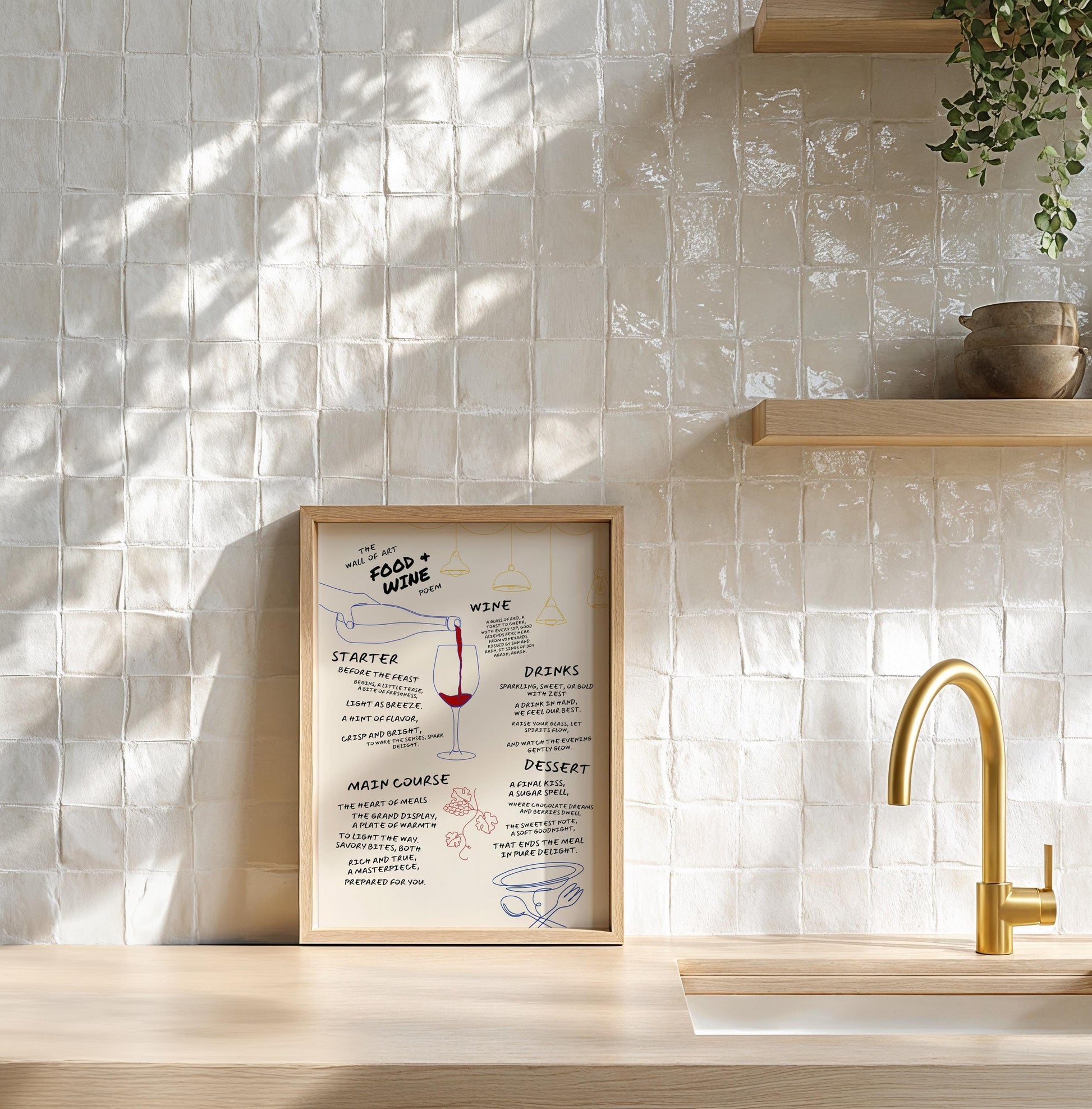Handwritten food poem art print with minimalist one-line drawings of wine glass, grapes, tableware, and a hanging lamp, combining poetry and culinary design for stylish kitchen decor.

🖼 ALT-TEXT (DEUTSCH):
Handgeschriebenes Food-Gedicht als Kunstdruck mit minimalistischen One-Line-Zeichnungen von Weinglas, Trauben, Tellern und Hängelampe – eine Kombination aus Poesie und kulinarischer Ästhetik für stilvolle Küchendekoration.