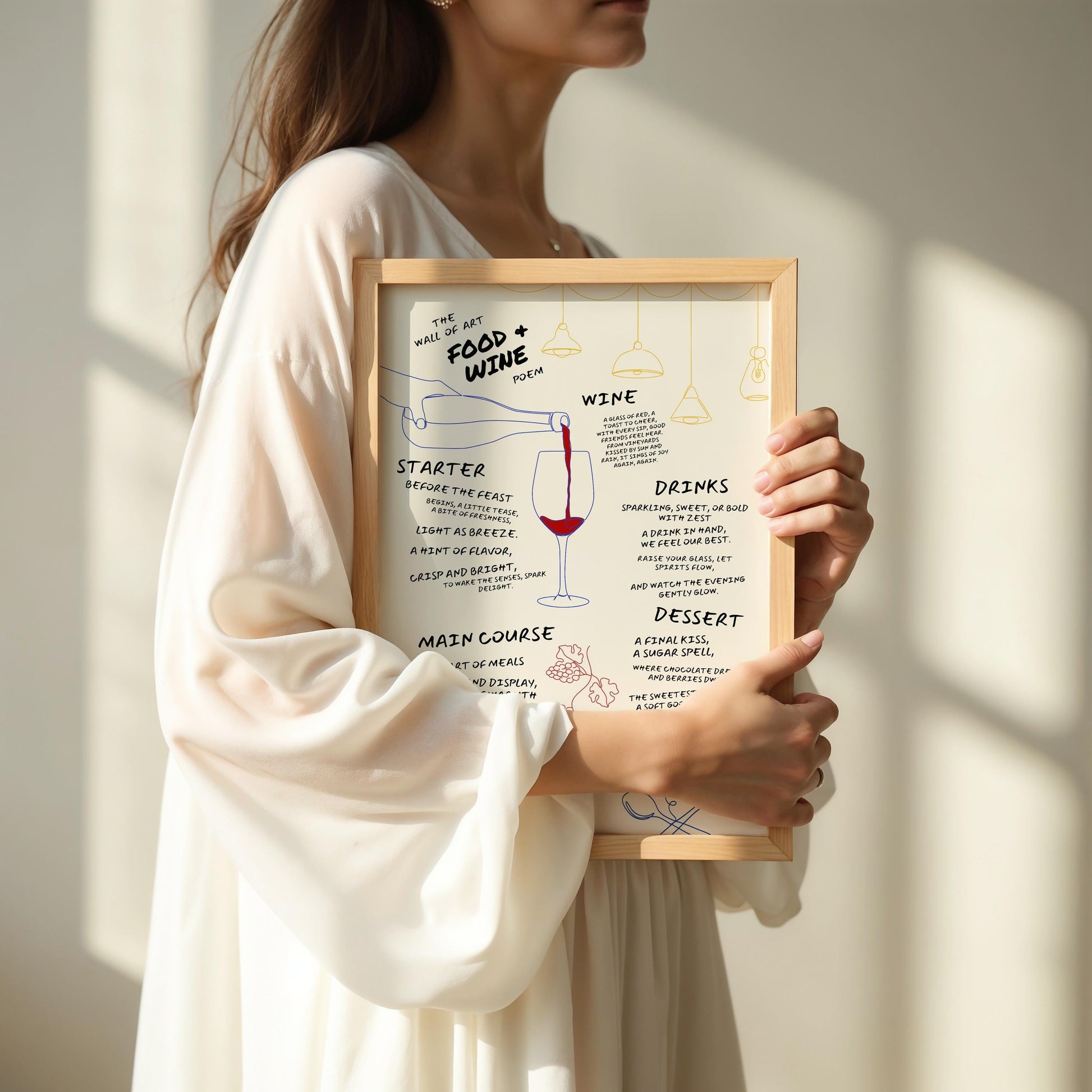 Handwritten food poem art print with minimalist one-line drawings of wine glass, grapes, tableware, and a hanging lamp, combining poetry and culinary design for stylish kitchen decor.

🖼 ALT-TEXT (DEUTSCH):
Handgeschriebenes Food-Gedicht als Kunstdruck mit minimalistischen One-Line-Zeichnungen von Weinglas, Trauben, Tellern und Hängelampe – eine Kombination aus Poesie und kulinarischer Ästhetik für stilvolle Küchendekoration.
