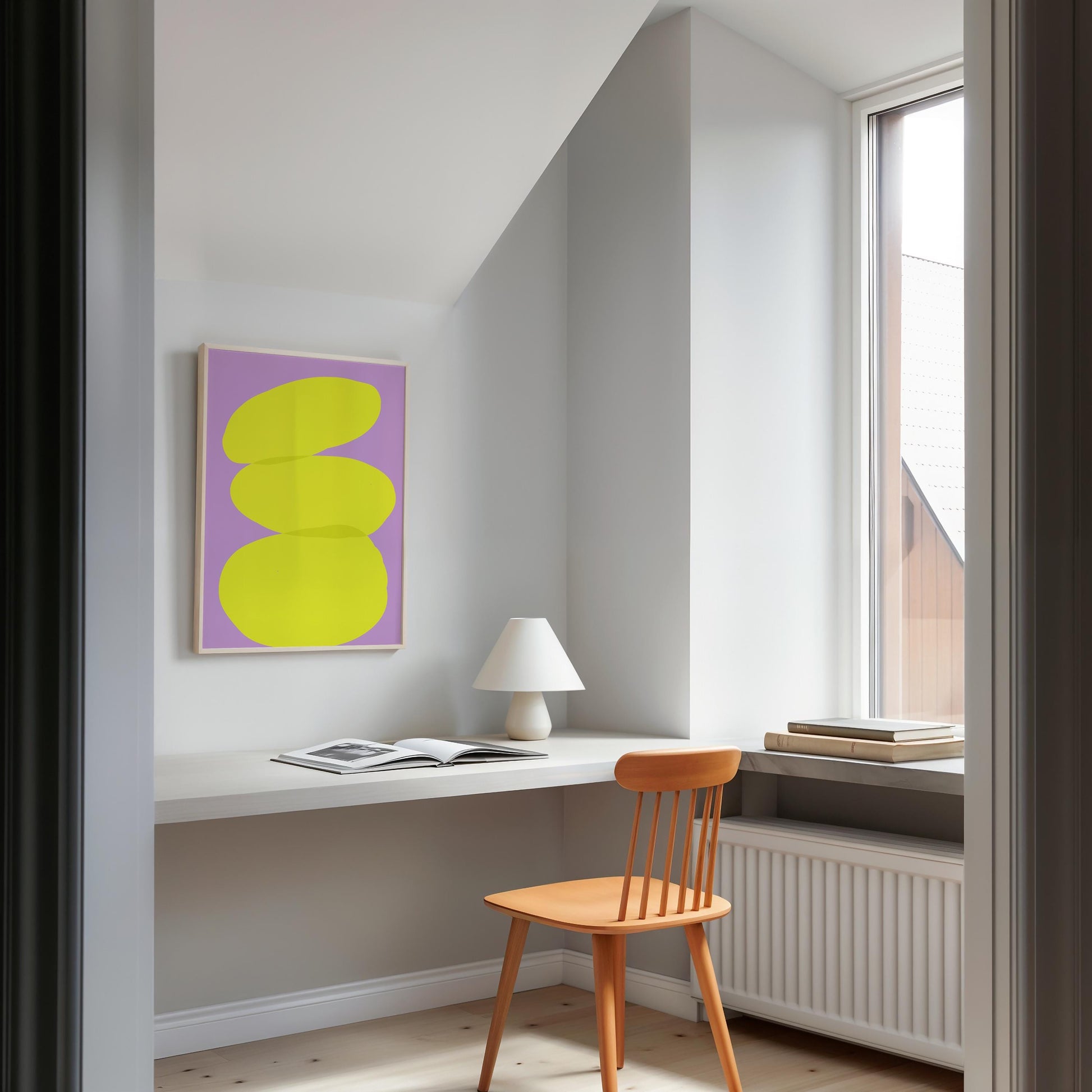 Dreiteiliges abstraktes Wandbild mit drei übereinander gestapelten, gelben organischen Formen auf lila Hintergrund. Minimalistisch, modern und symbolisch für Balance und Ruhe – perfekt für stilvolle, kreative Räume.

🇬🇧 ENGLISH
Three stacked yellow abstract shapes on a lilac background in a minimalist composition. Modern art print symbolizing balance and calm, ideal for stylish and creative interior spaces