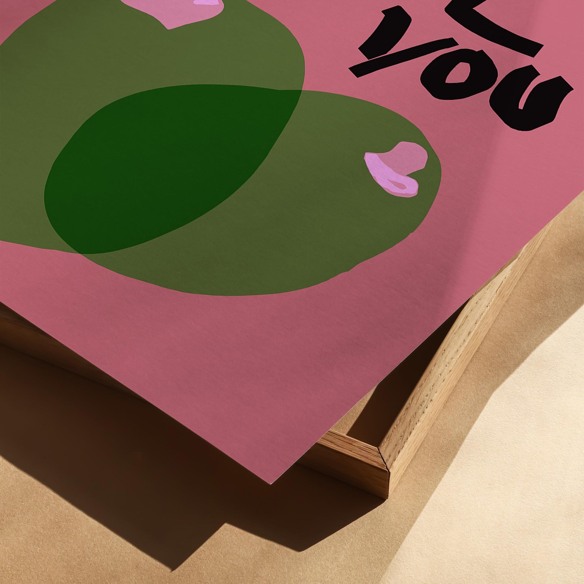 This digital poster features the playful phrase &quot;OLIVE you&quot; in bold, black, hand-drawn lettering on a pink background. Two green olives with pink hearts add a cute and charming touch, making it a perfect humorous gift or wall decor for lovers.