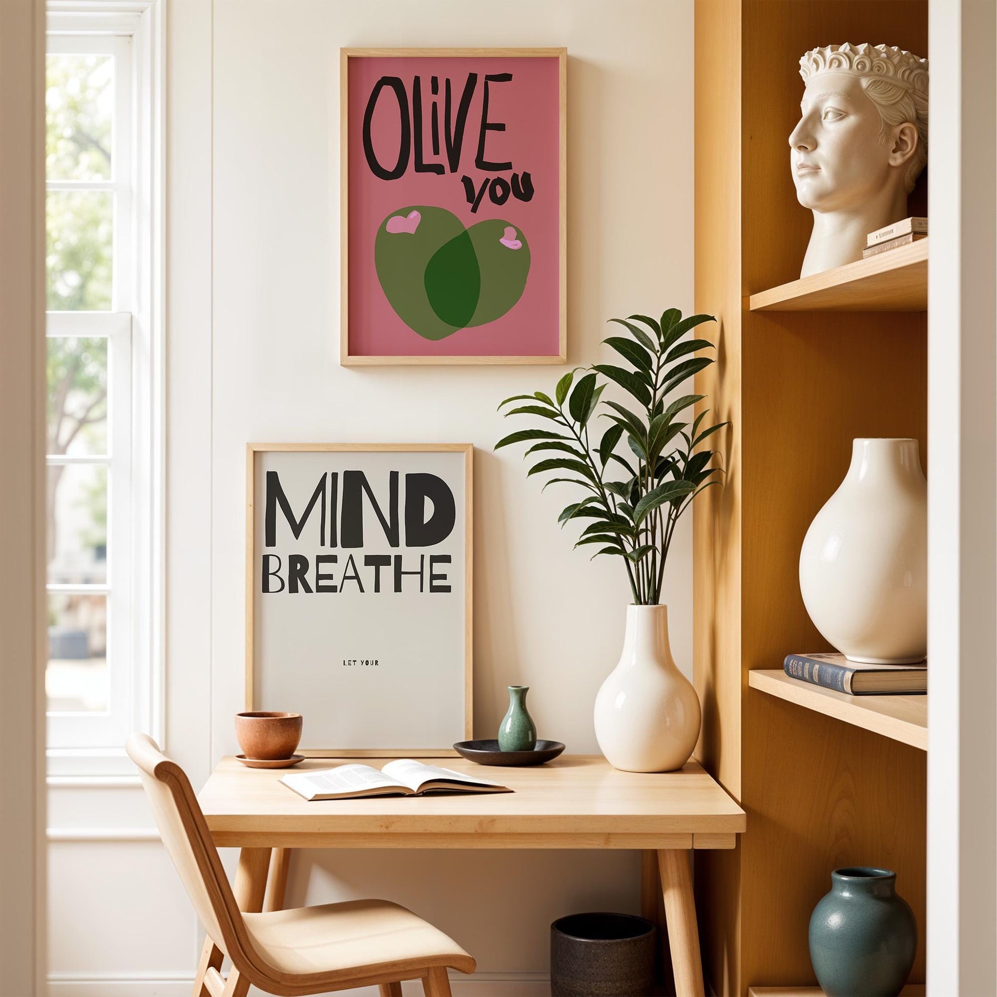 This digital poster features the playful phrase &quot;OLIVE you&quot; in bold, black, hand-drawn lettering on a pink background. Two green olives with pink hearts add a cute and charming touch, making it a perfect humorous gift or wall decor for lovers.