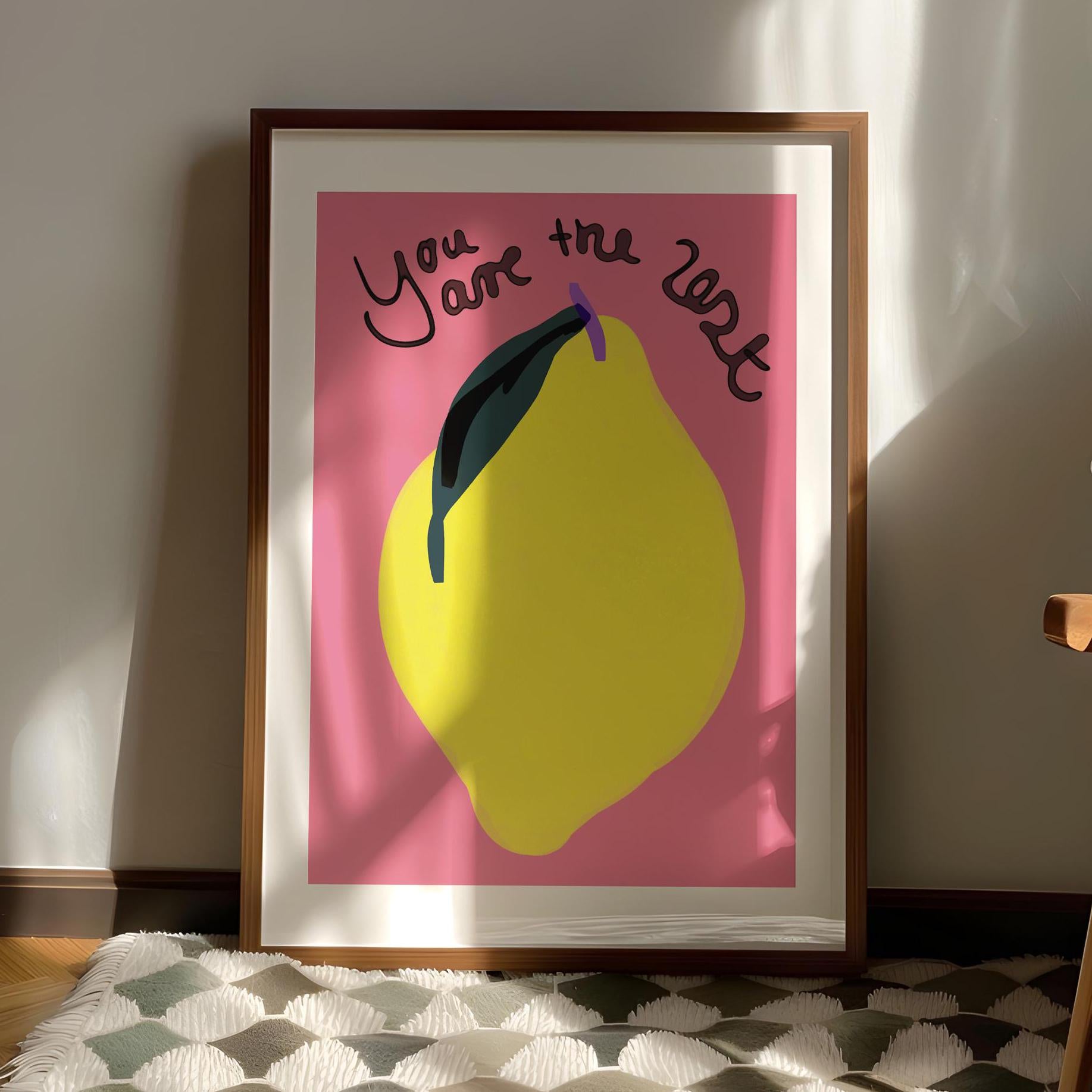 Playful, colorful lemon illustration with the phrase &quot;You Are the Zest&quot; in a hand-lettered style on a pink background. Fun kitchen wall decor.