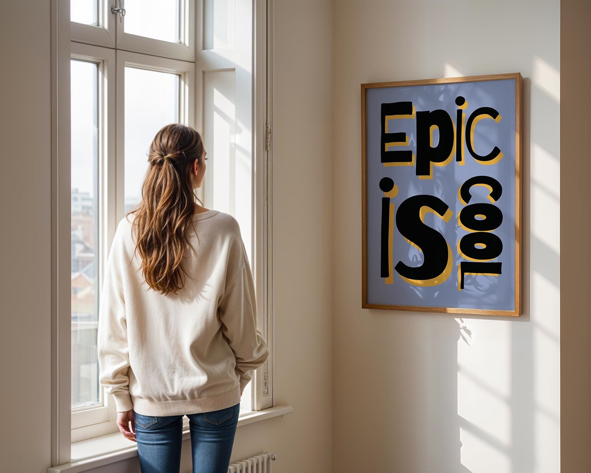 &quot;Epic is Cool&quot; poster in a playful, hand-drawn black and yellow font on a pastel blue background, inspired by retro pop art style.