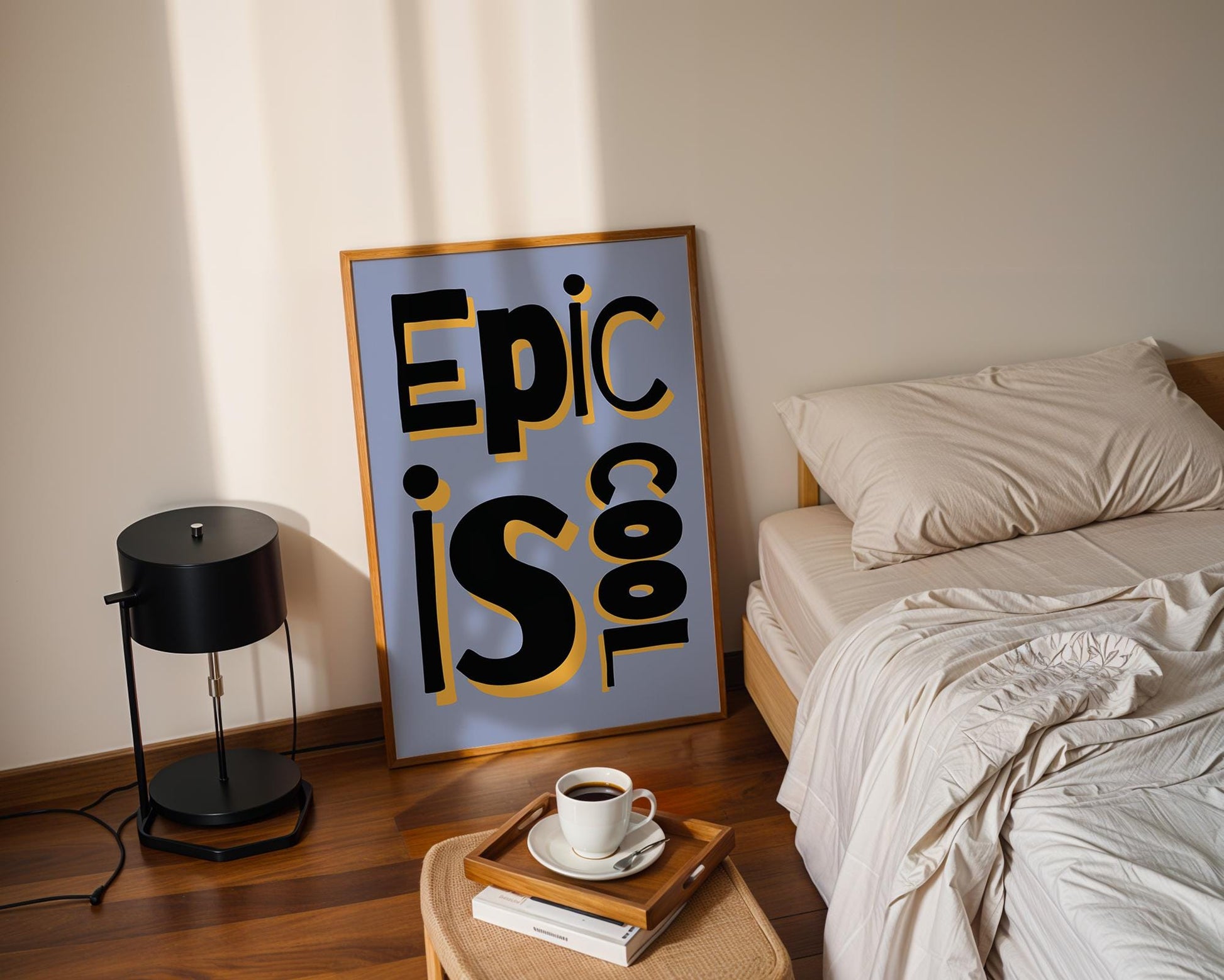&quot;Epic is Cool&quot; poster in a playful, hand-drawn black and yellow font on a pastel blue background, inspired by retro pop art style.