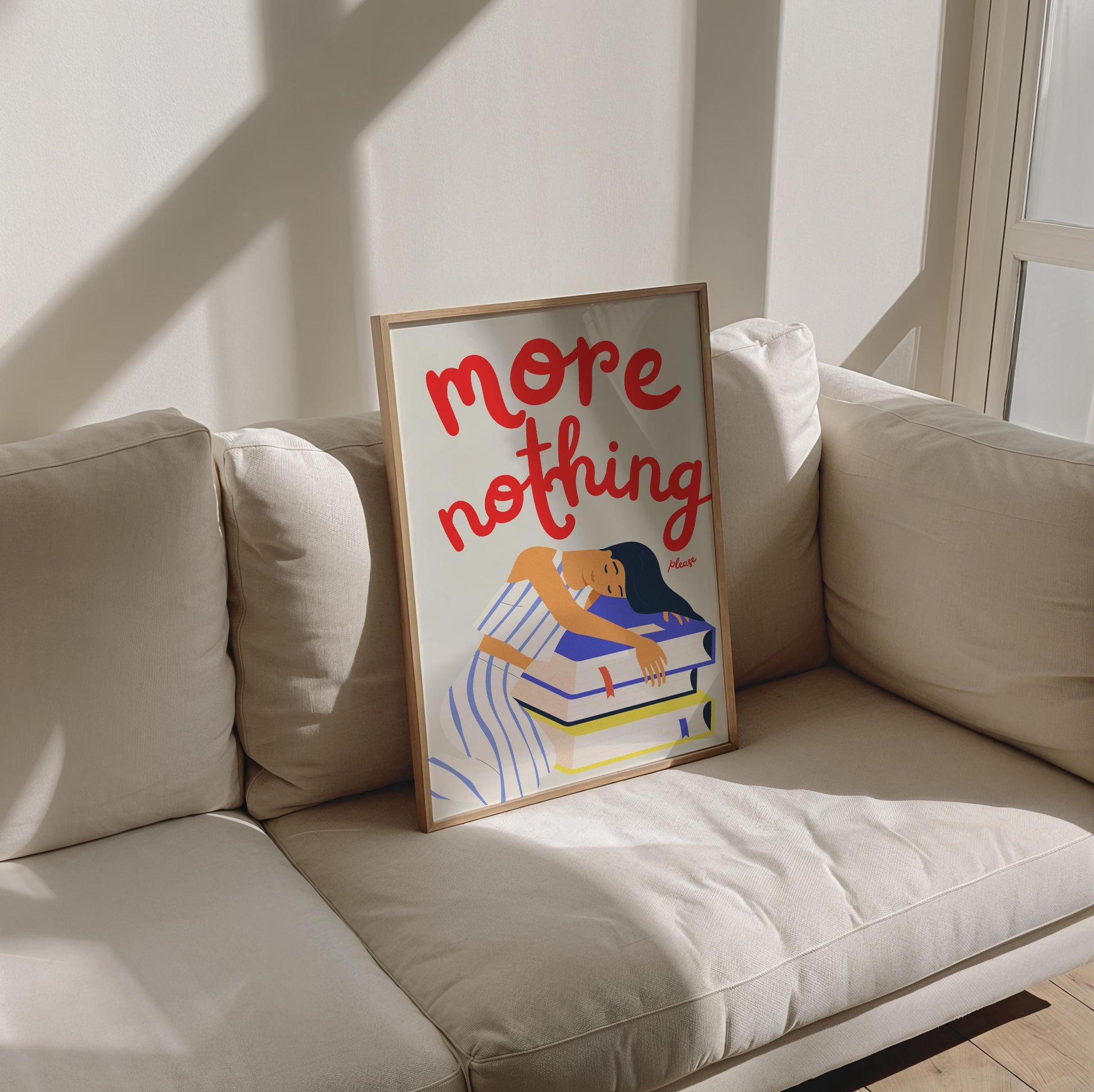 Digitale Illustration einer Frau mit langen dunklen Haaren, die erschöpft auf einem Stapel großer Bücher schläft. Sie trägt ein gestreiftes Outfit und wirkt entspannt. Über ihr steht in roter Schrift „more nothing please“. Modern, humorvoll und ruhig gestaltetDigital illustration of a woman with long dark hair sleeping on a pile of large books. She wears a striped outfit and looks peaceful. Above her is playful red text reading “more nothing please”. Modern, humorous, and calming visual style.